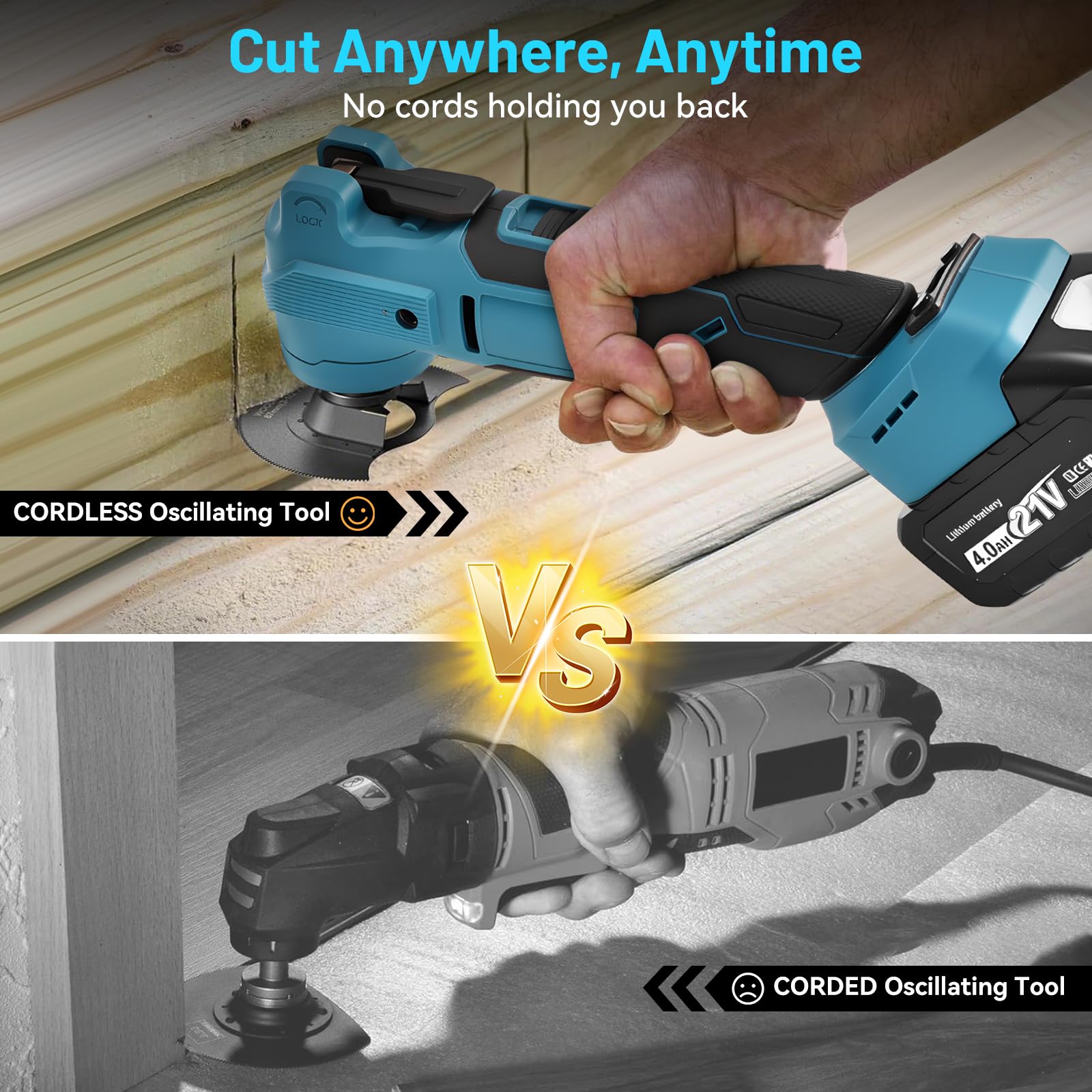 Outil Multifonction sans fil Compatible avec Batterie Makita 18V, Scie Oscillant Multitool 6 Vitesses +Mode Automatique 20000tr/min avec 2 * 4,0 Ah Batteries pour Couper, Poncer, Gratter