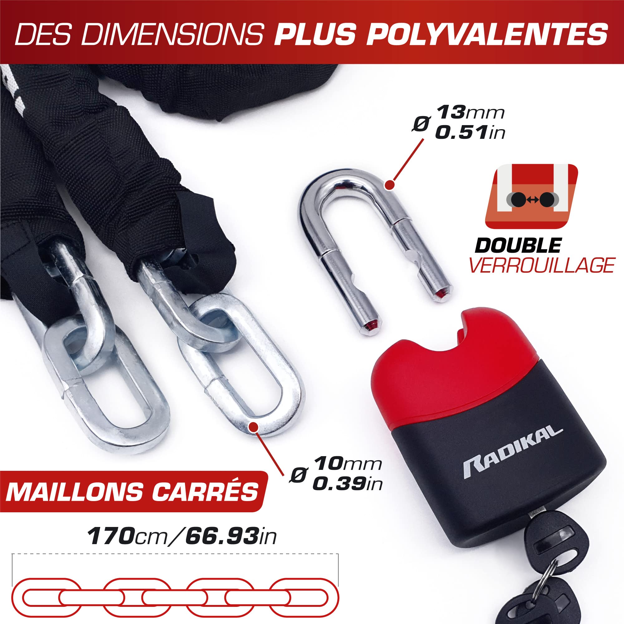 RADIKAL RK4170 Antivol Moto, Chaîne Haute Sécurité en Acier Cémenté ø10mm, Cademas Double Verroullage, Polyvalent pour Portes Ancrage Garage Scooter Vélo Électrique,170cm