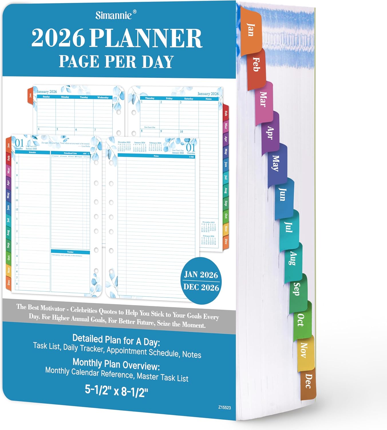 2026 Planner Refills  January 2026 - December 2026, 2026 Planner Refills, Two Pages Per Day Daily & Monthly, 8.38" x 5.51", Ring-Bound with Tabs