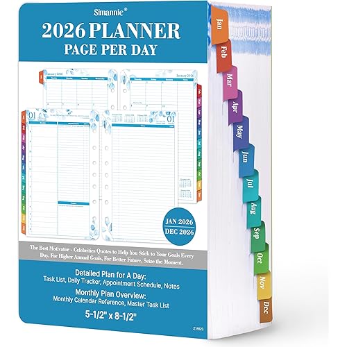 2026 Planner Refills – January 2026 - December 2026, 2026 Planner Refills, Two Pages Per Day Daily ＆ Monthly, 8.38" x 5.51", Ring-Bound with Tabs