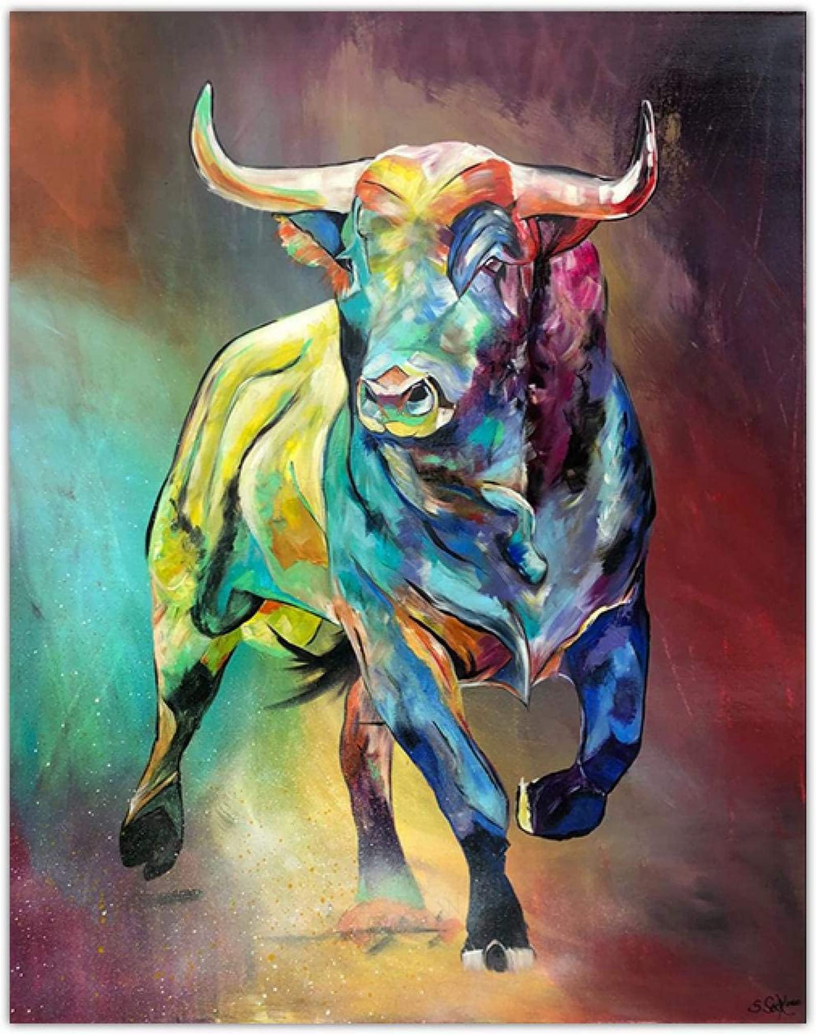 Tableau decoration murale taureau coloré pour un salon moderne au style aesthetic room decor