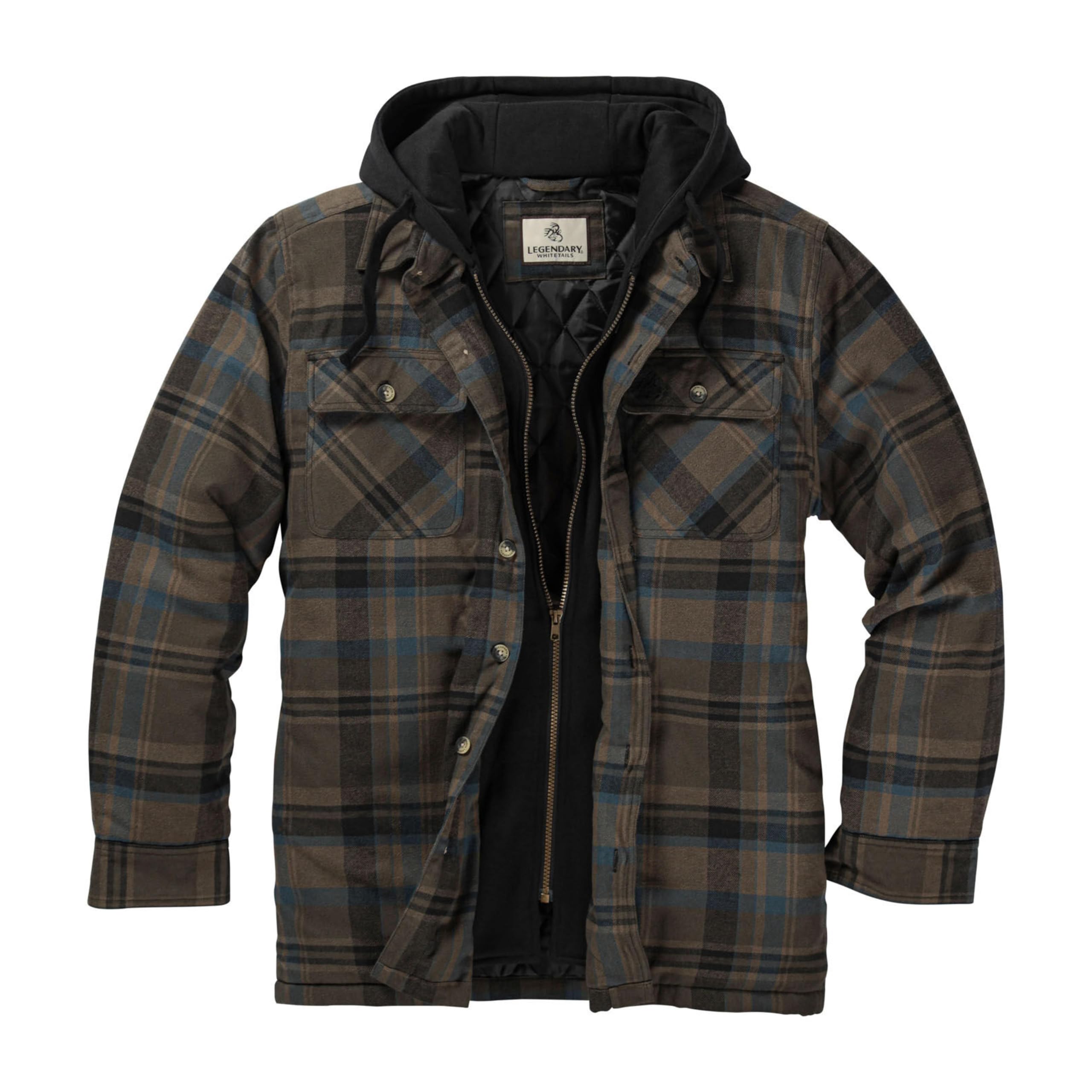 Legendary Whitetails Mens Plaid Flannel Shirt Jacket Quilted with Hood Polyfill Insulated Shacket