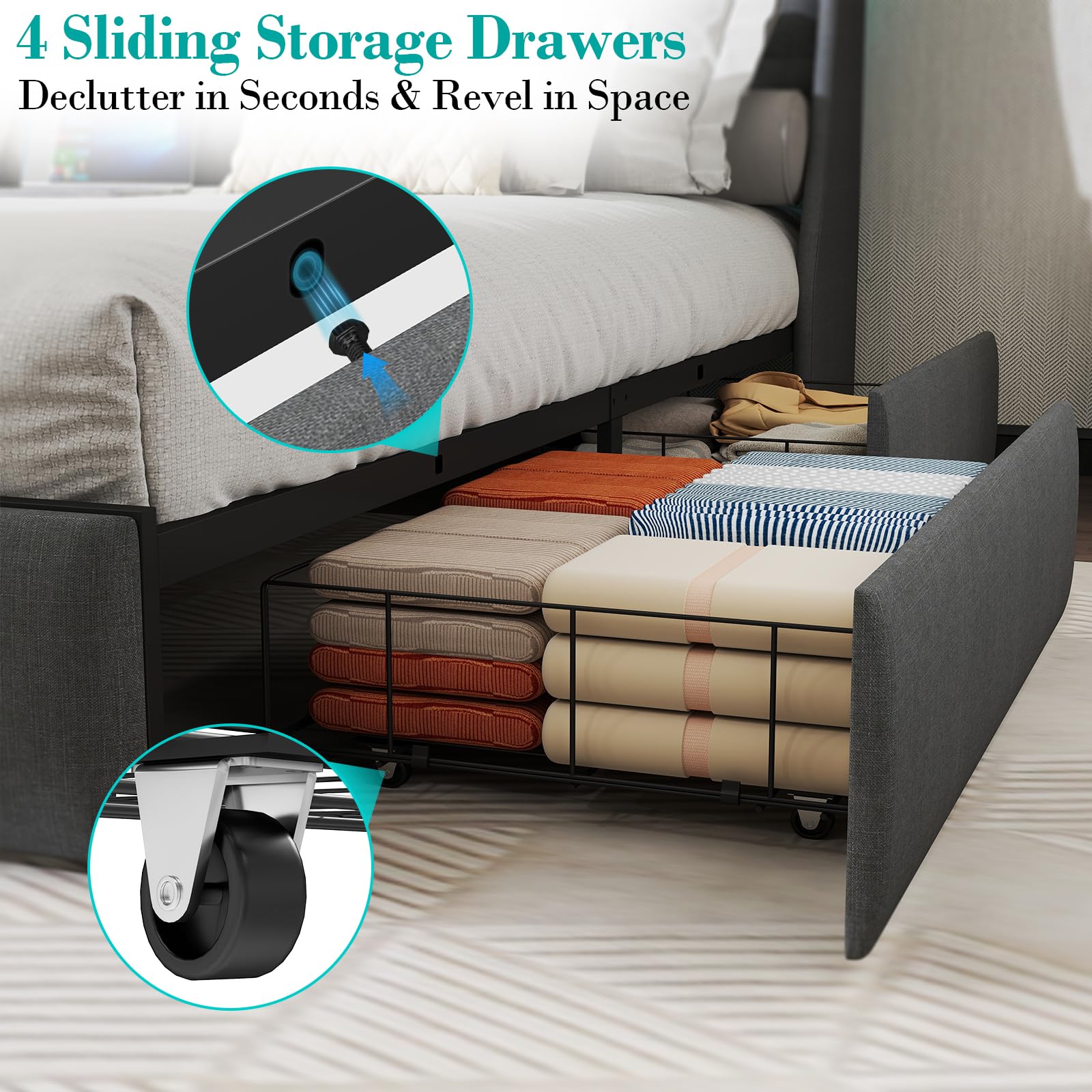 Queen Bed Frame with 2 Storage Drawers, Platform Bed Frame Queen Size with LED Light, Upholstered Headboard, Charging Station, Steel Slat Support, No Box Spring Needed, Noise-Free, Easy Assembly, Gray: King Button Tuffed & 4 Drawers