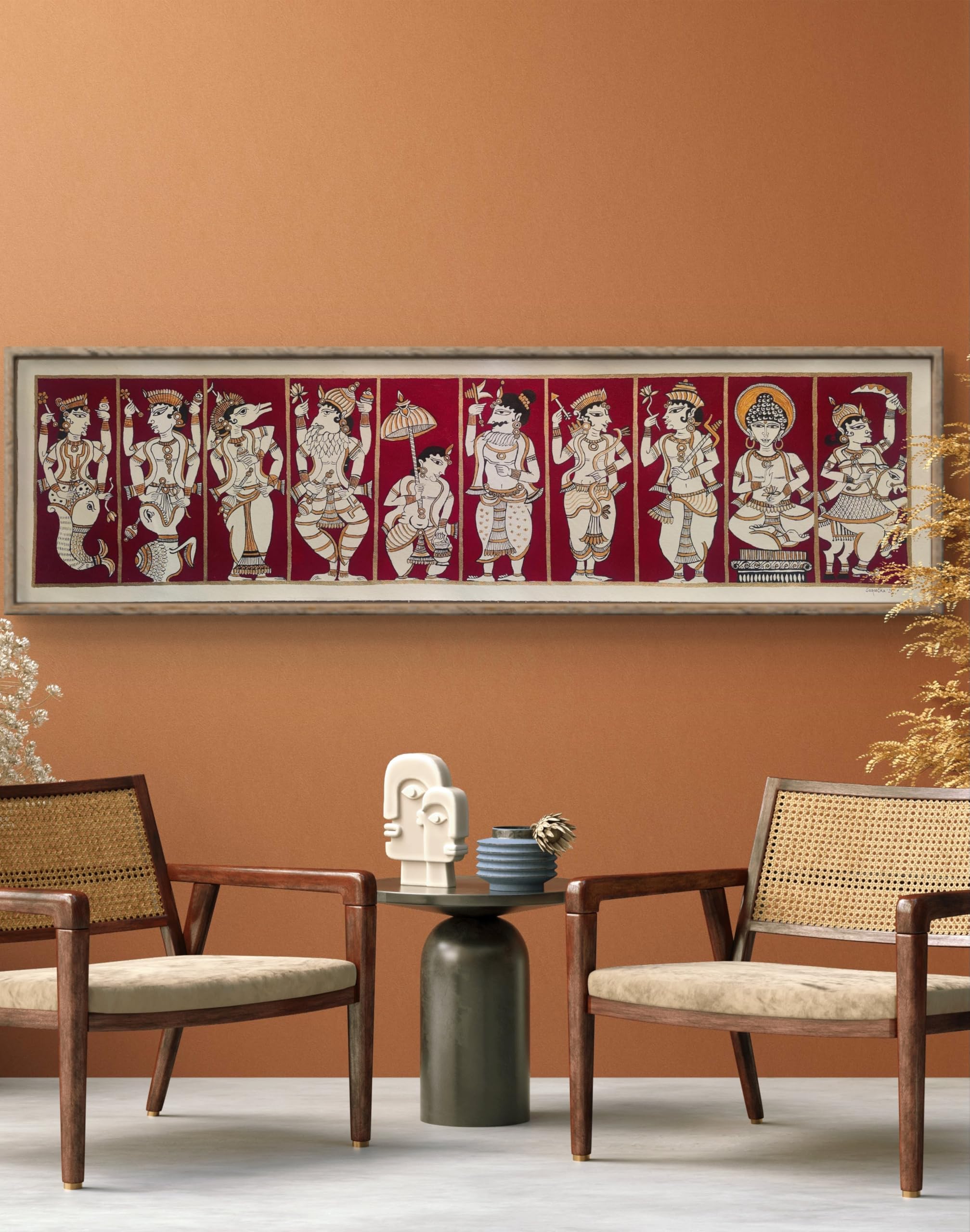 BHARAT ART BAZAAR | Handmade Painting- DASHAVATARA : Ten Incarnations of Lord Vishnu, Unique and Beautiful Artwork for your Home | 48" x 13"-image-41