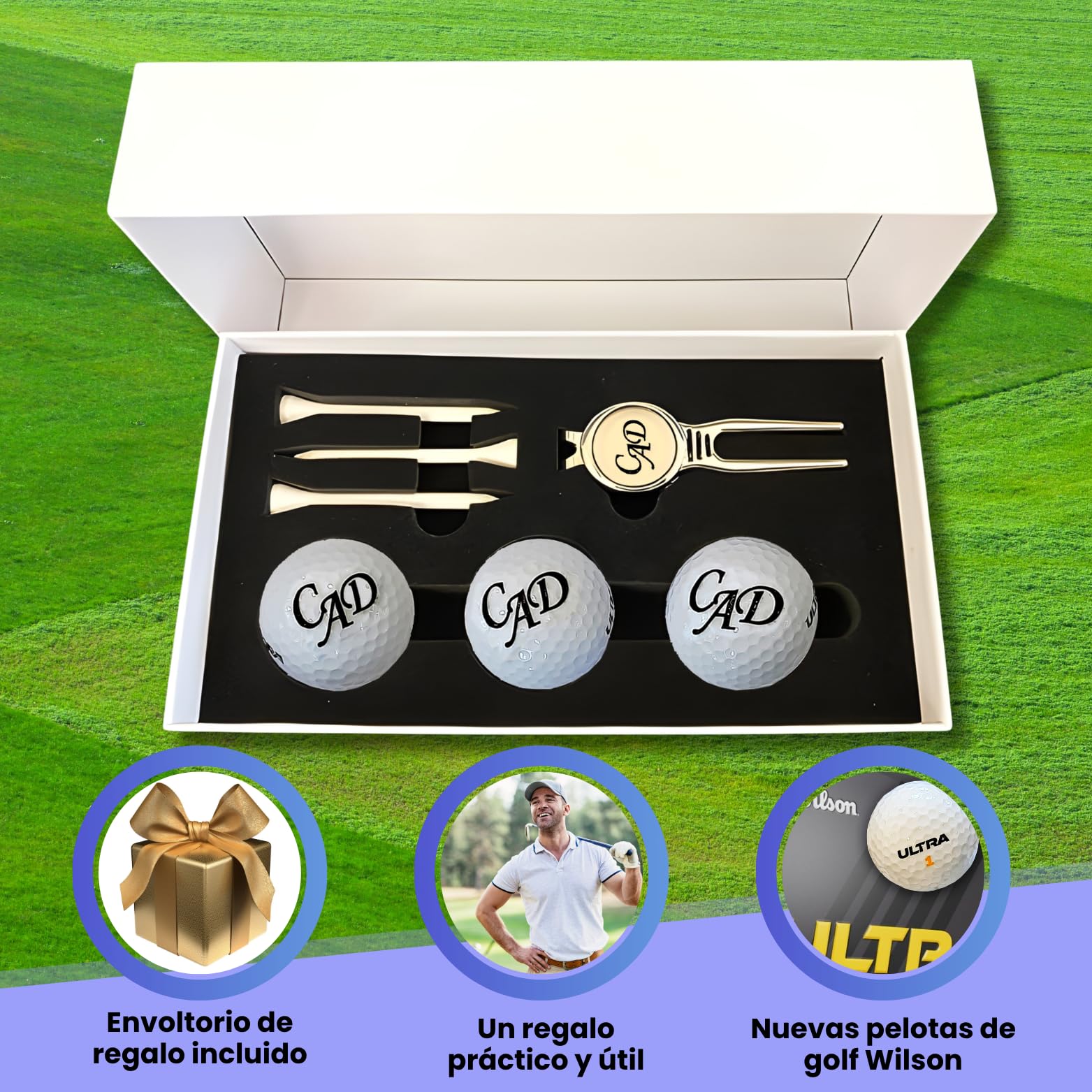 Juego de pelotas de golf con iniciales personalizadas, 3 pelotas de golf Wilson y 3 tees en caja de regalo, color blanco