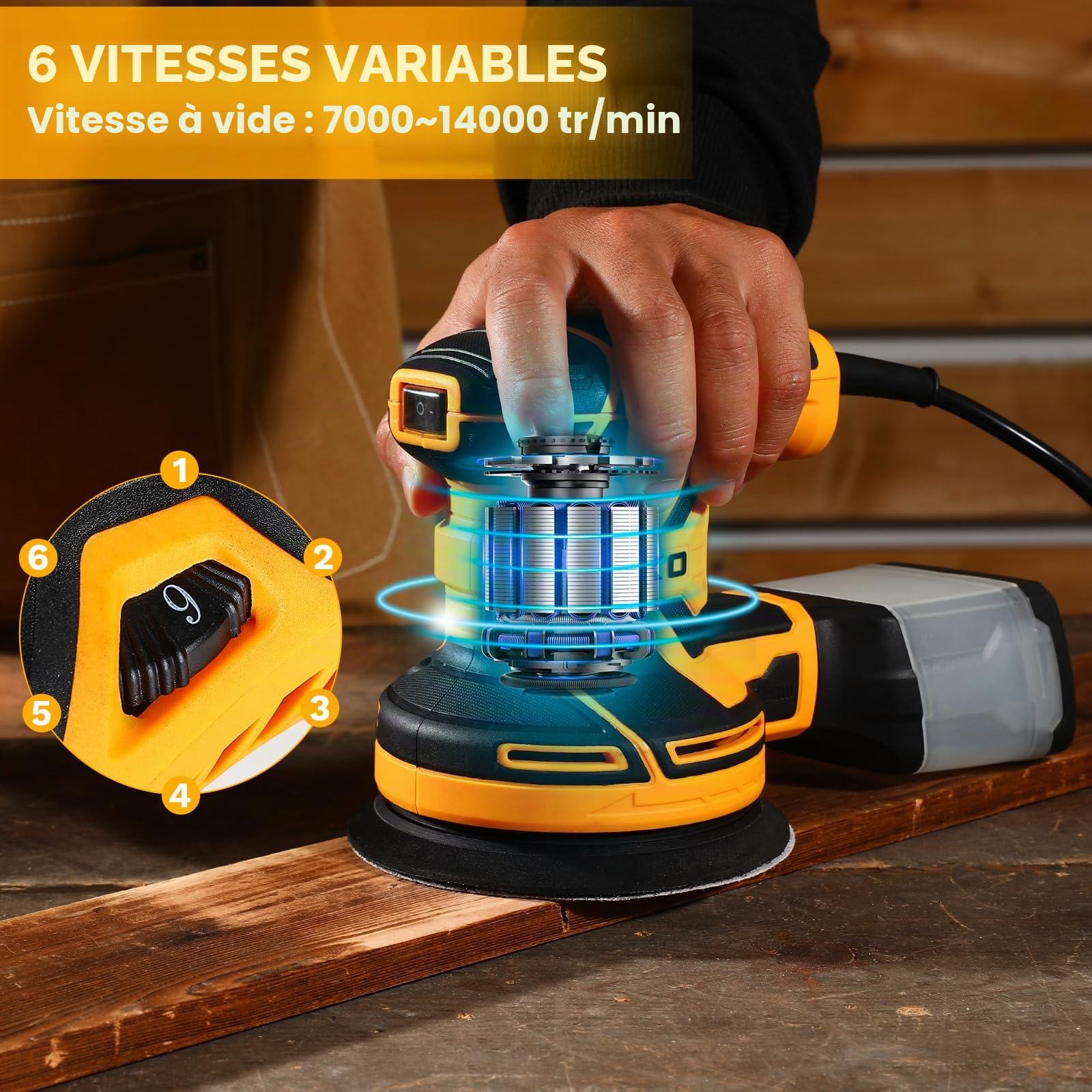 DEKOPRO 300W Ponceuse Orbitale Excentrique, 6 Vitesses, 14000RPM, Papier Abrasif 16 Pièces, Patin de Ponçage 125mm, Collecteur de Poussière, pour Surfaces en Bois et Acier