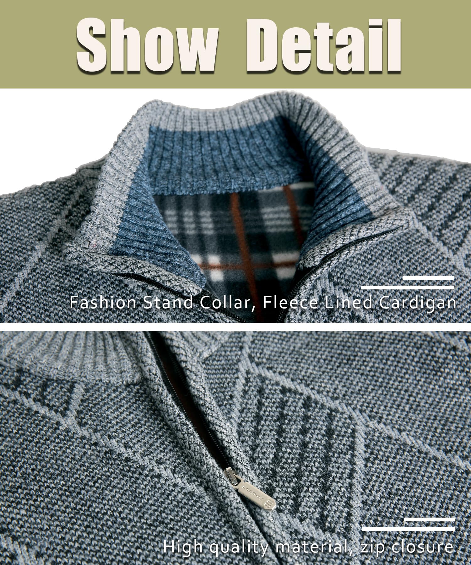 Cárdigan de Punto para Hombre Otoño Invierno Cálido Suéter con Forro Polar Cremallera y Bolsillos