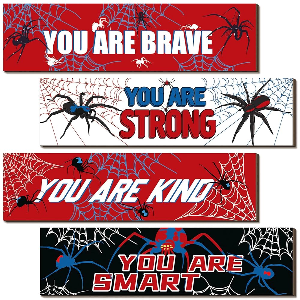 4 Pcs Bedroom Decor For Boy Kids Spider Theme Room Sign Decor Game Room Decoration Inspirational Wooden Hanging Wall Sign For Man Home Bedroom Playroom Game Birthday Gift(11.8 X 3.1 Inches