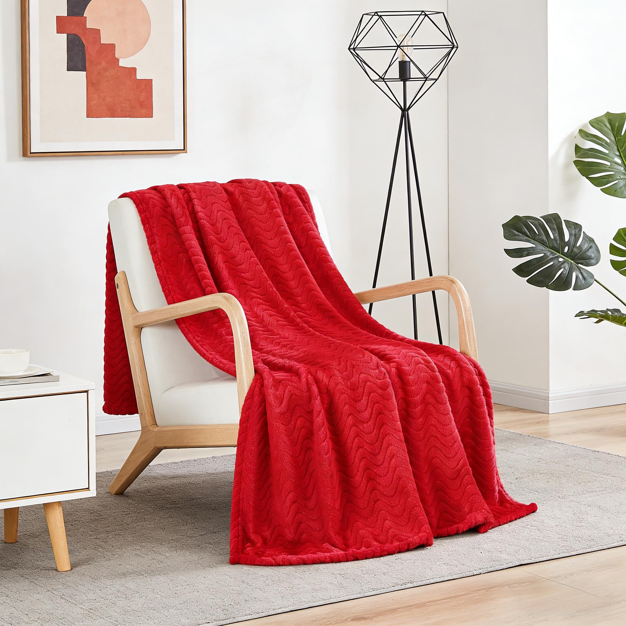 Exclusivo Mezcla Soft Fleece Throw Blanket for Couch, Cozy Lightweight Blankets with Decorative Wave Textured Suitable for All Season Use, Red, 50x70 Inches