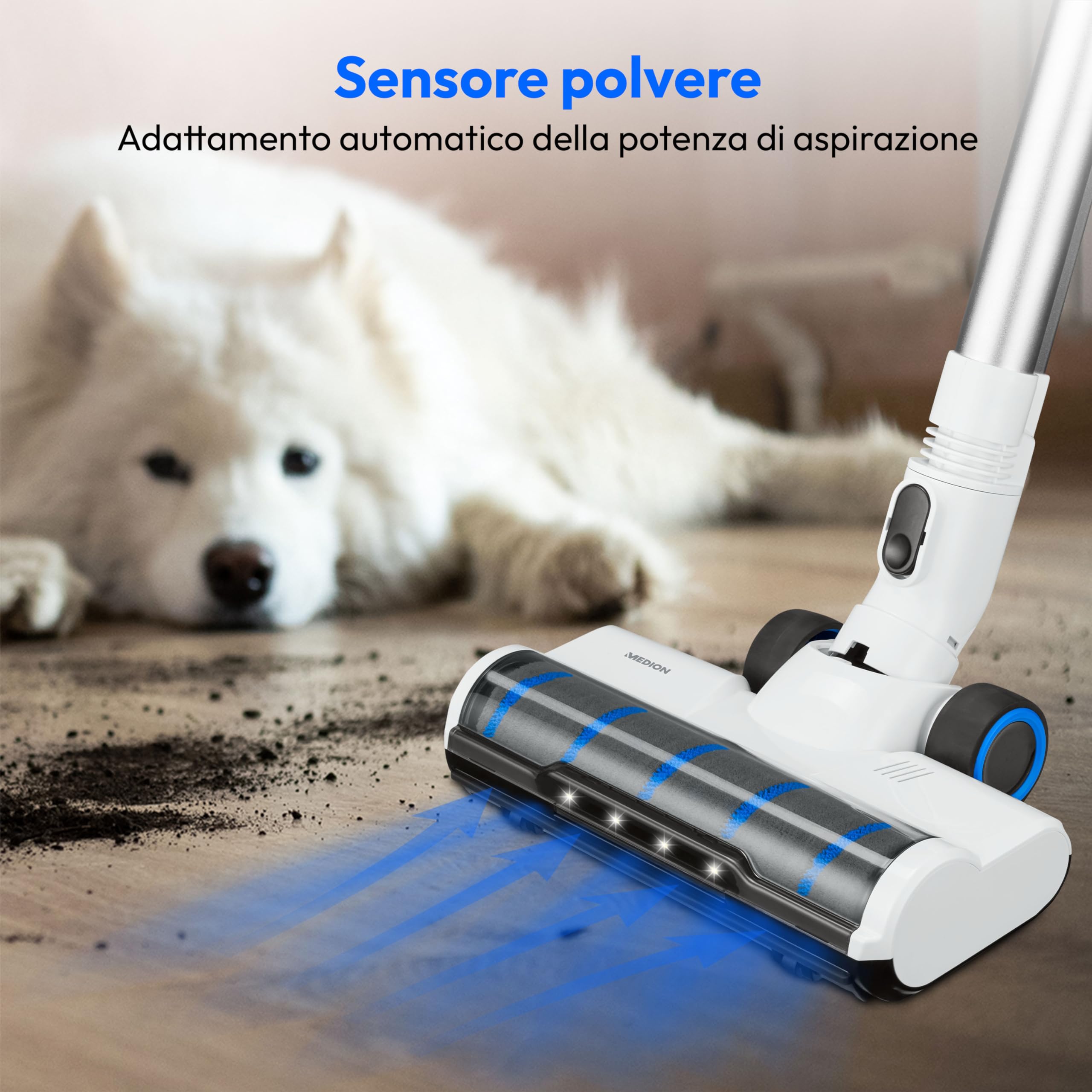 MEDION Aspirapolvere senza fili P350 W, Scopa elettrica senza fili e sacchetto con base di ricarica e potenza massima di 24 kPa e 350 Watt, Aspirapolvere e lavapavimenti 2 in 1