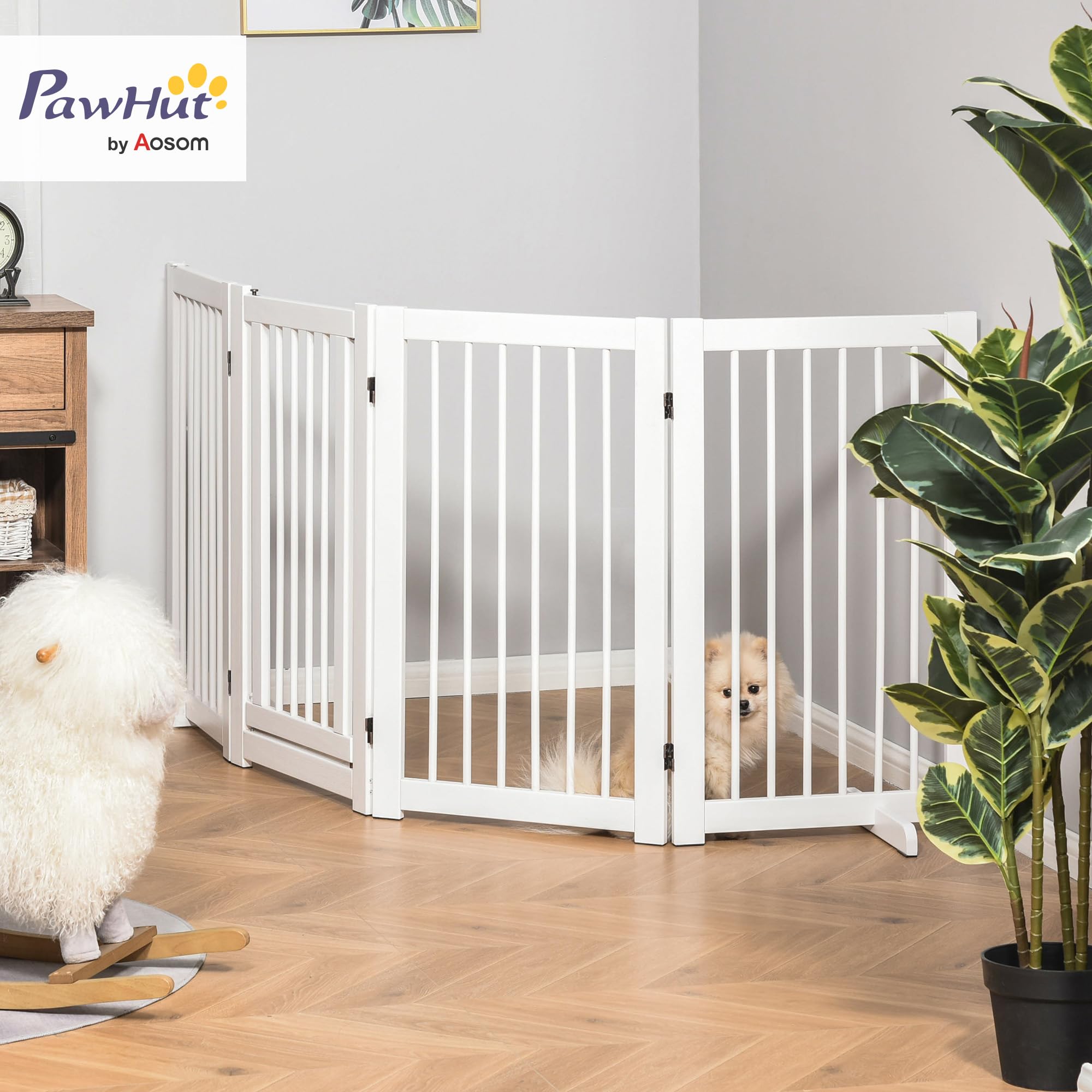 PawHut Barrera de Seguridad Perros de Madera Plegable 204x36x75 cm Blanco | para Escaleras y Puertas, Valla para Perros Pequeños y Medianos, 4 Paneles, con Soporte de Pie, para Interiores