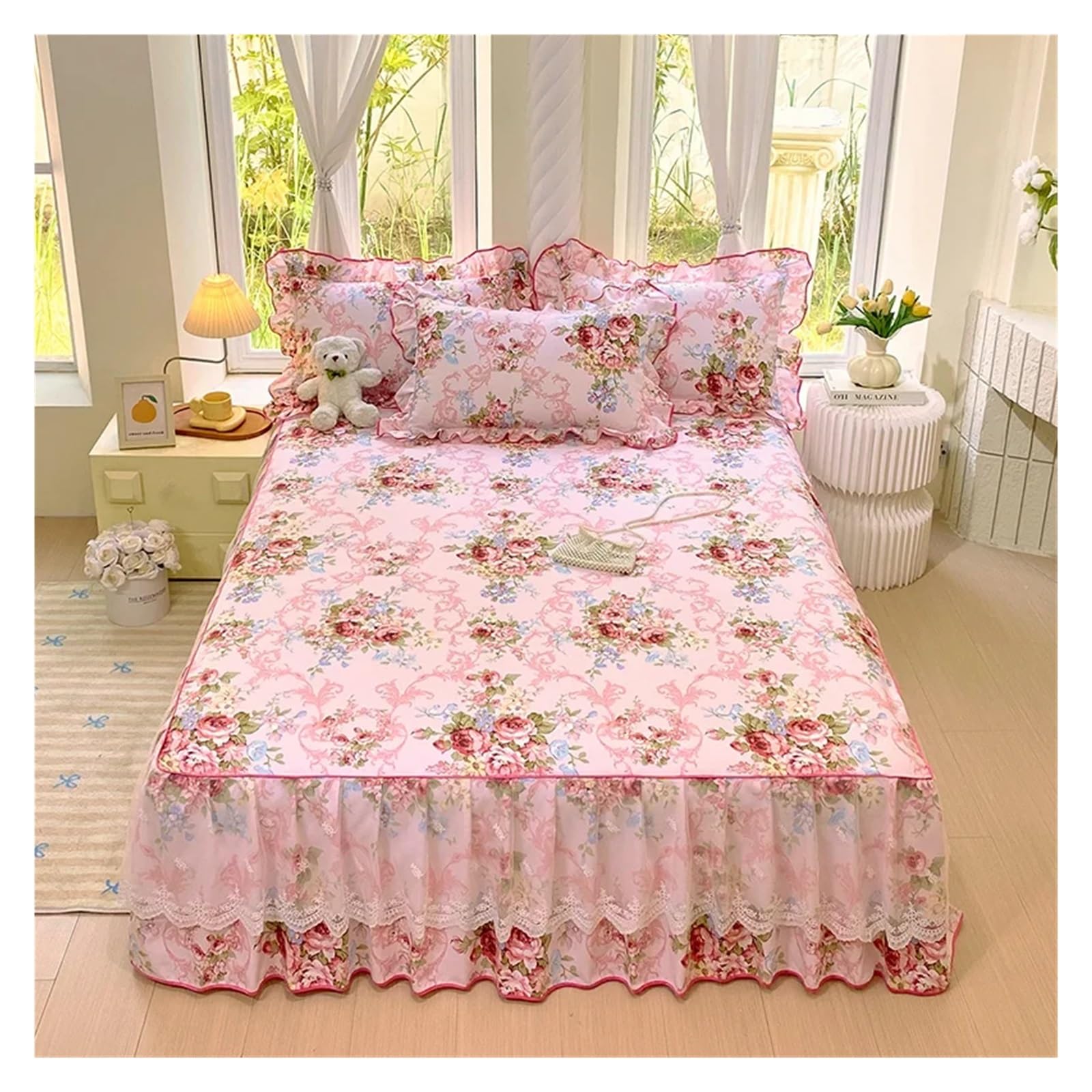 1pc Skin-friendly Bed Skirt Floral Style Bedspread Ruffles Bed Cover Mattress Protector No Pillowcase(Color-03,180x200cm 1pc)