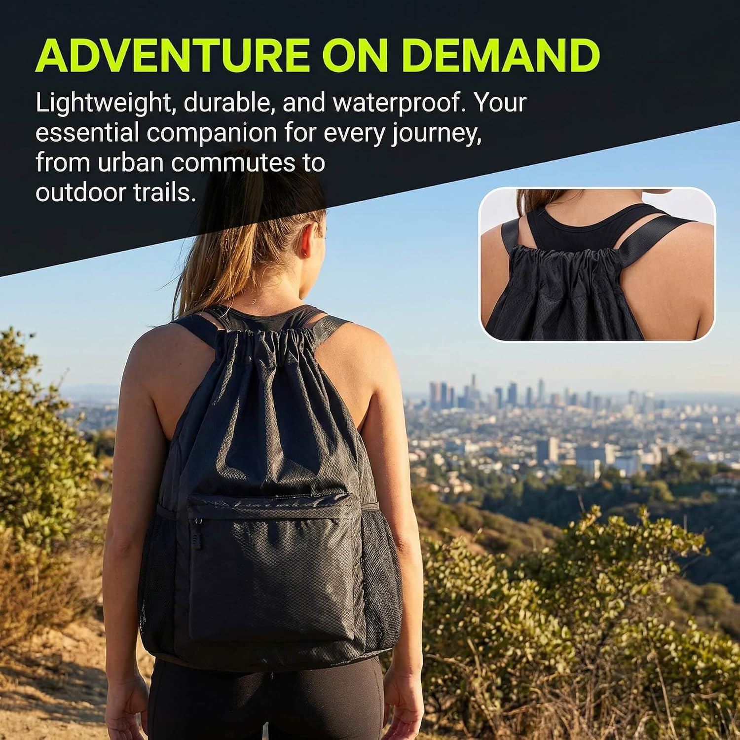 Waterproof Oxford Drawstring Backpack Multi-Pocket Cinch Bag Black