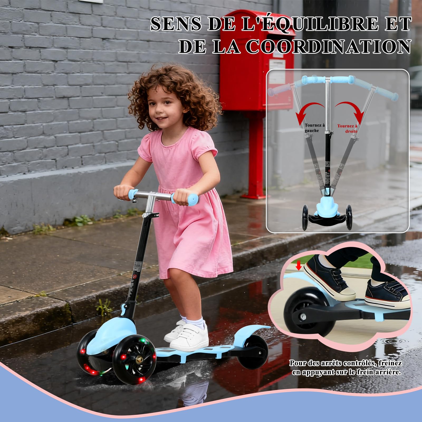 Trottinette Enfant Pliable Classique 3 Roues Antidérapant, Trotinette Enfant 2-5 Ans Guidon Réglable en Hauteur 3 Niveaux(57-72CM), Trottinette Adolescent Roue Lumineuse LED, Enfant 80~120 CM