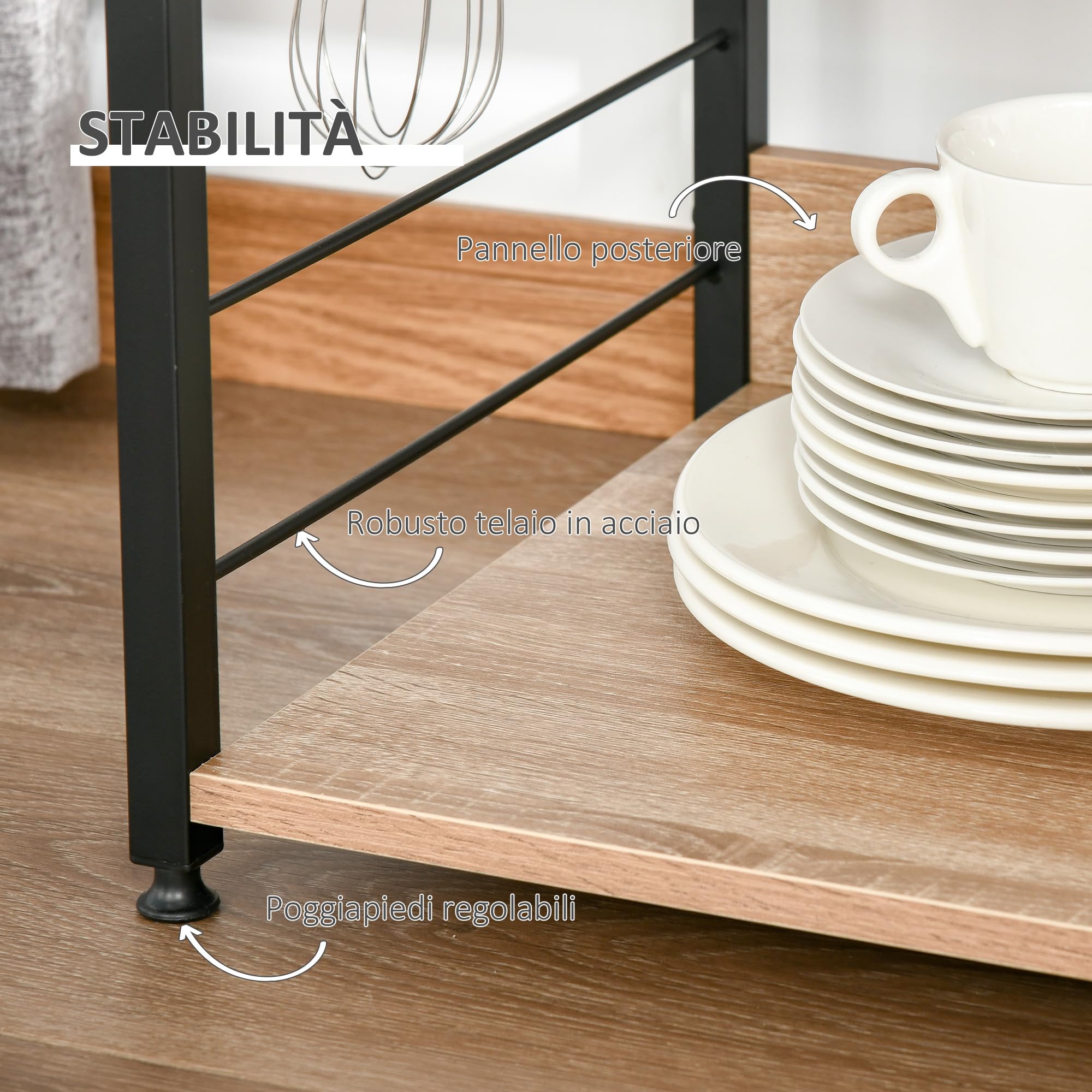 HOMCOM Mobiletto per Microonde, Scaffale da Cucina a 4 Ripiani e 4 Ganci, Mobile Cucina in Acciaio e Legno 60x40x125cm, Color Legno