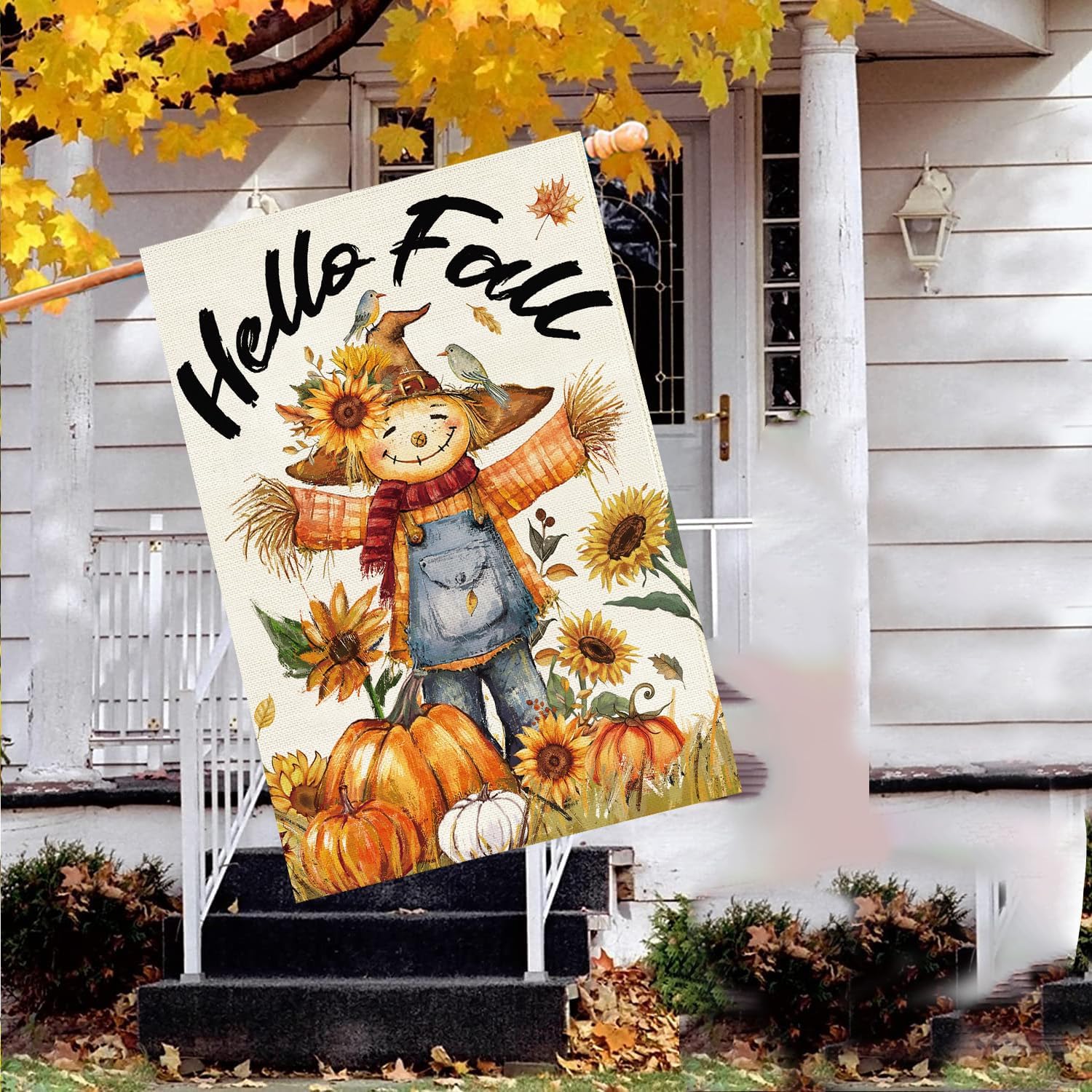 Baccessor Fall Thanksgiving Scarecrow House Flag 28x40 Inch Double Sided Autumn Pumpkins Sunflower Burlap Large Yard Flag for Outside Oudoor Welcome Seasonal Holiday Decoration