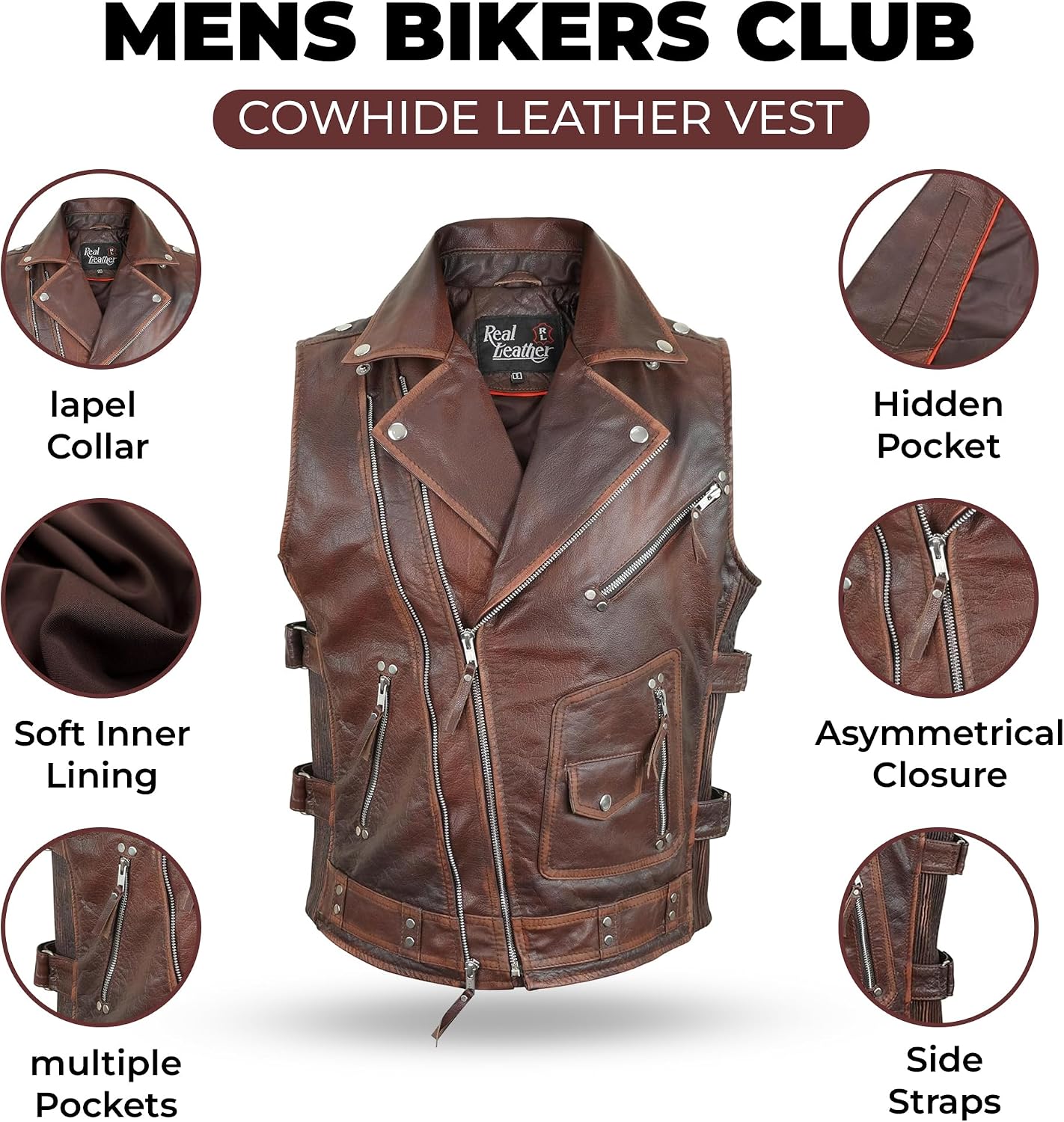 Motorcycle Leather Vest For Men - Tactical Combat Military Style Sleeveless Biker Club Riding Outdoor Waistcoats