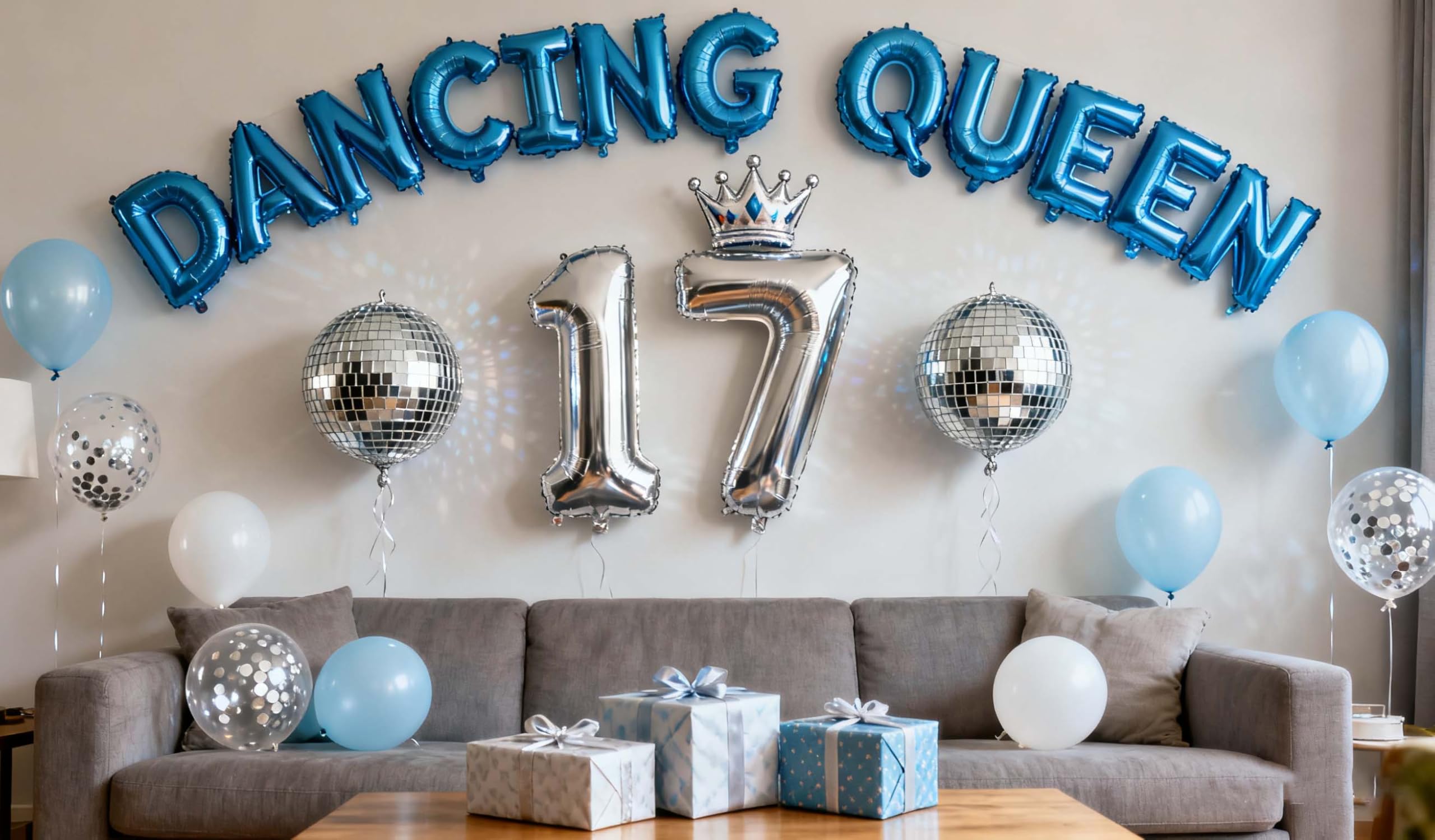 17th Birthday Party Dancing Queen Decorations, Dancing Queen Silver Disco Ball Crown Number 17 Foil Balloons Blue Decor Supplies for Girls Daughter 17