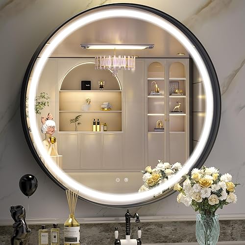 Hasipu Espejo LED redondo de 28 pulgadas para baño con luces, espejo de tocador circular negro para pared, espejos frontales con marco de metal,