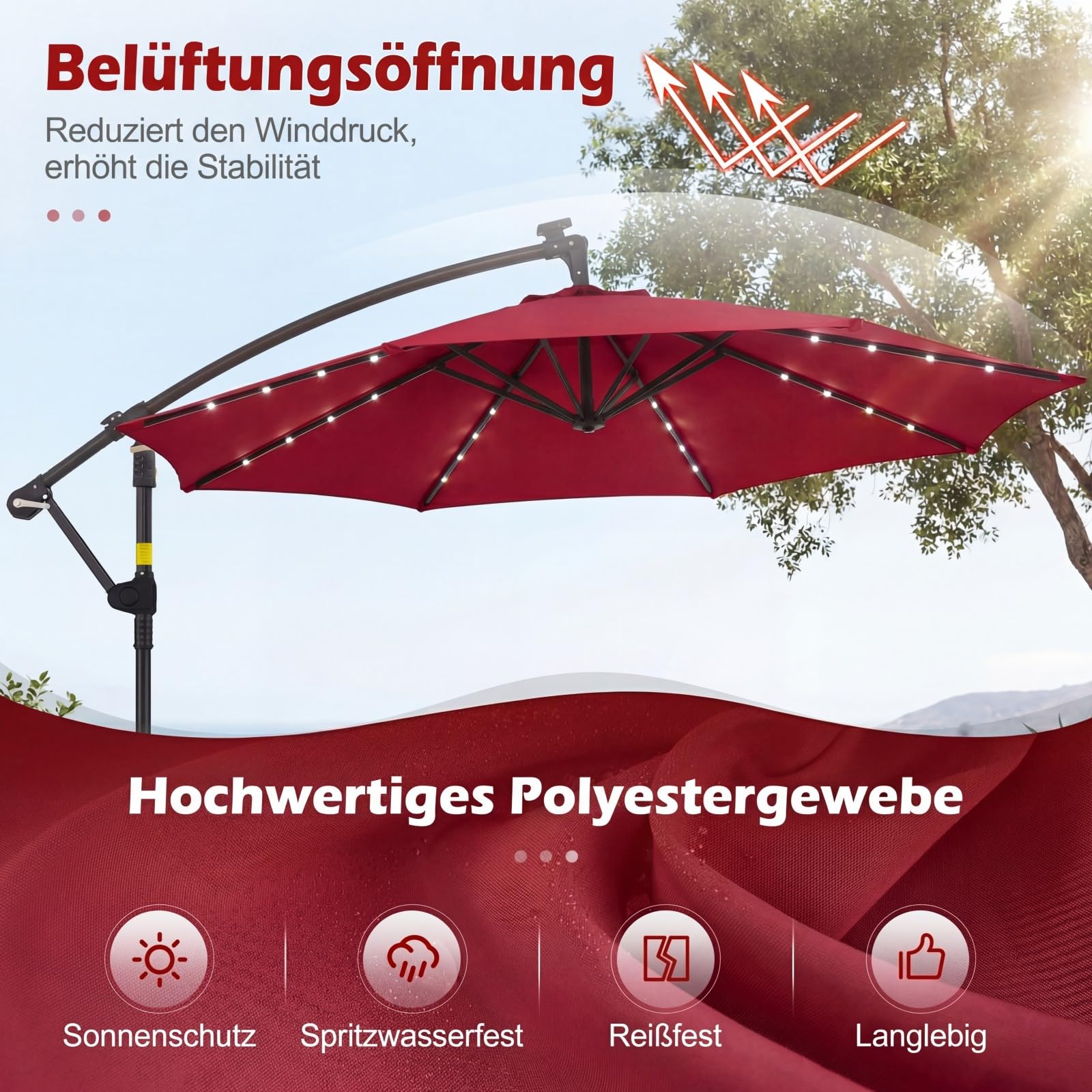 COSTWAY Sonnenschirm mit Ständer und LED-Leuchten, 300 cm Ampelschirm mit Kurbel, Gartenschirm, 360° drehbar, Marktschirm, Terrassenschirm für Garten, Terrasse, Pool (Weinrot)