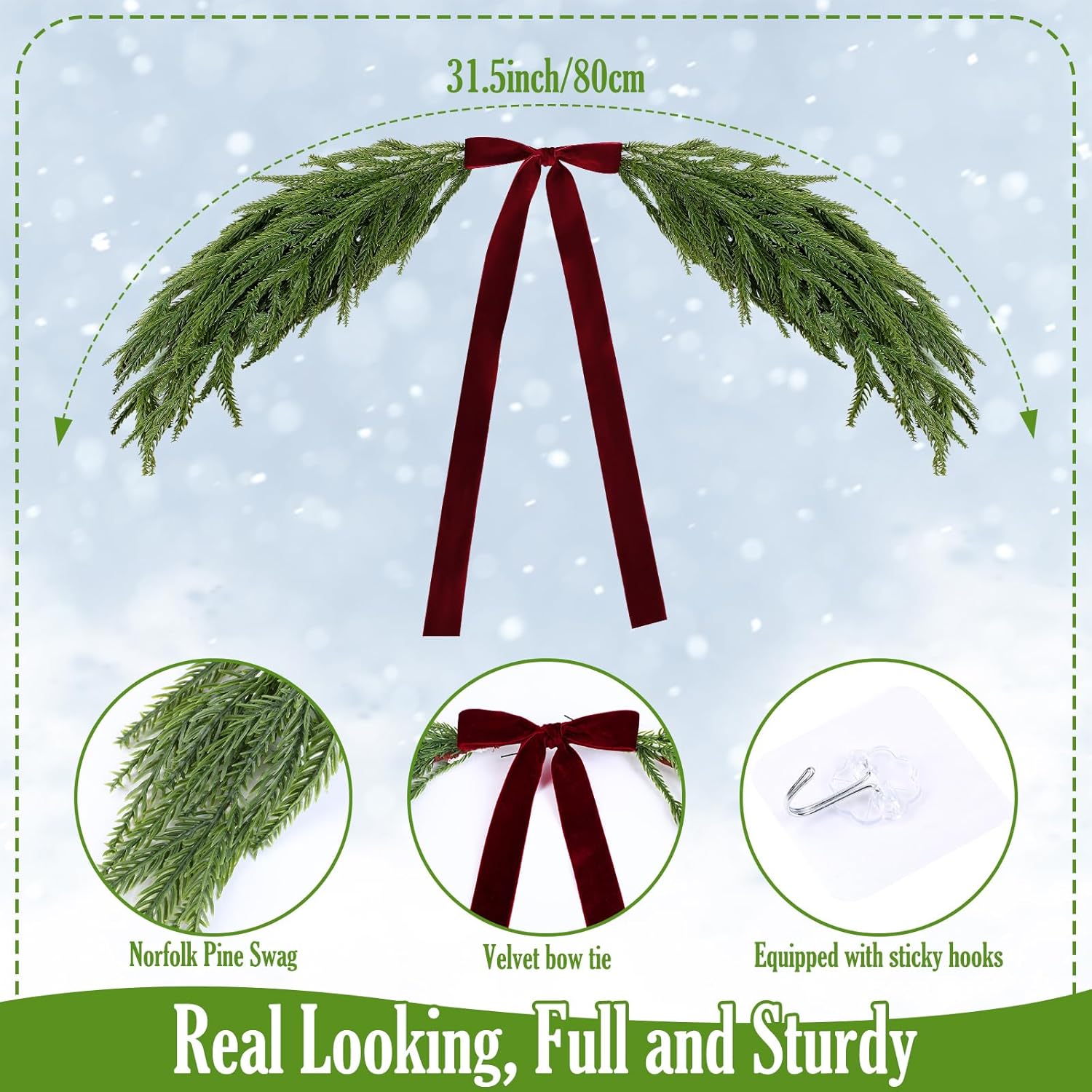 2.6ft Christmas Mirror Garland Artificial Norfolk Pine Swag for Mirror with Velvet Bow Faux Greenery Garlands Christmas Wreath for Xmas Home Door Mailbox Indoor Fireplace Decor(Burgundy Red) - Image 2