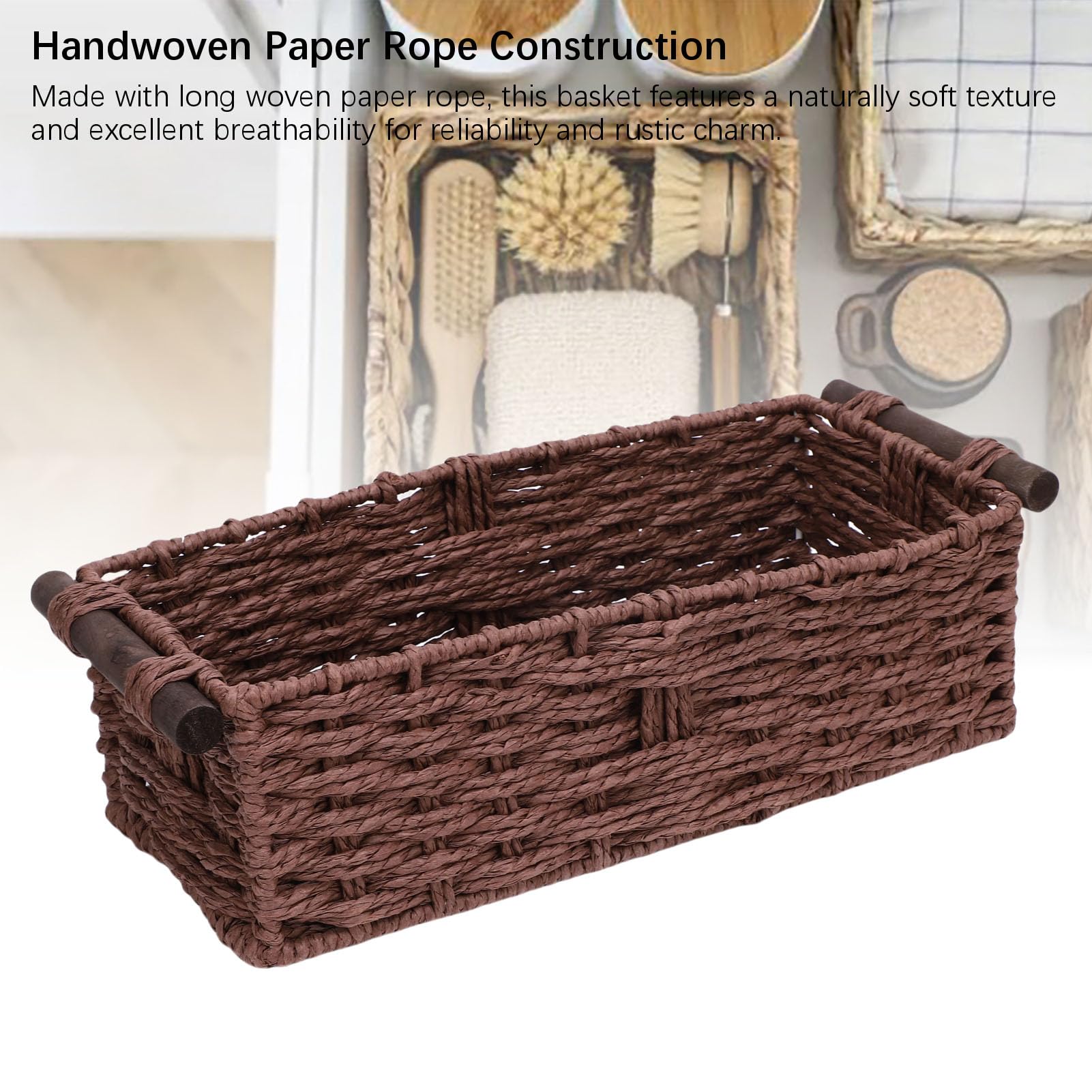 Wakects Cesta de Almacenamiento de Cuerda de Papel, Cesta de Papel Higiénico Tejida Hecha a Mano con Asas de Madera de Pino, Tapa Decorativa para Tanque de Inodoro para Estantes de Baño, (BROWN)