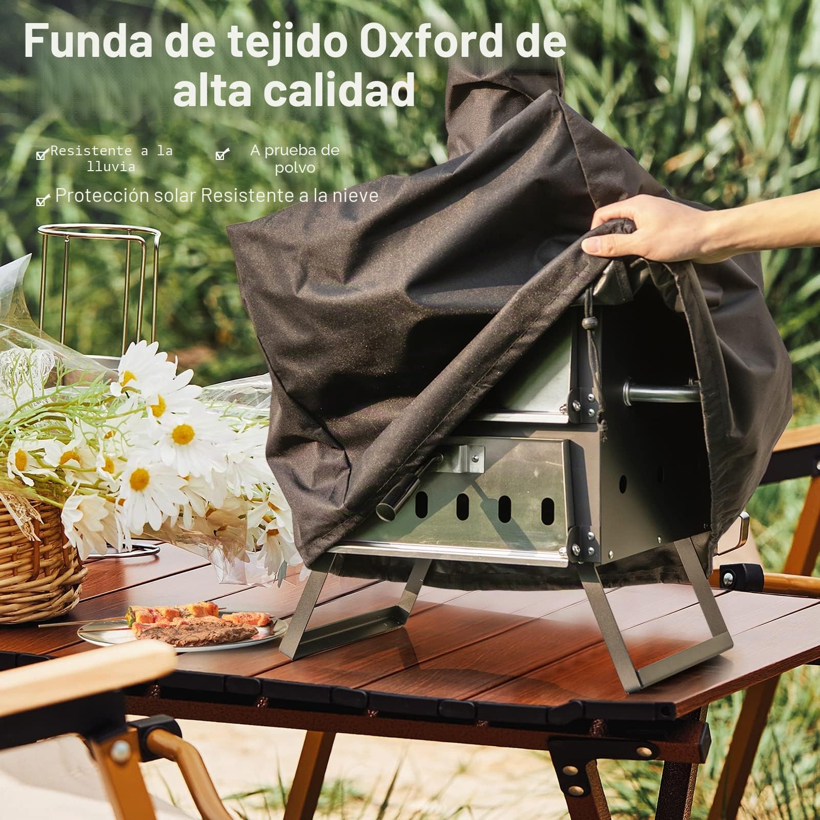 GYMAX Horno de Pizza Portátil con Patas y Asas Plegables, Parrilla de Pellets de Madera, Diseño de 2 Capas y Orificios de Ventilación Ajustables con Piedra para Pizza