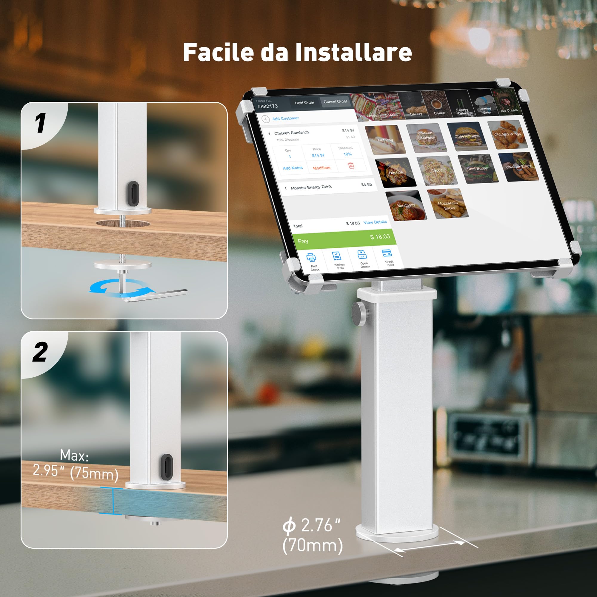AboveTEK Supporto da scrivania per iPad, supporto per tablet antifurto regolabile con rotazione a 360° e inclinazione a 180°, adatto a tablet da 9,7" a 13", perfetto per il lavoro-Argento