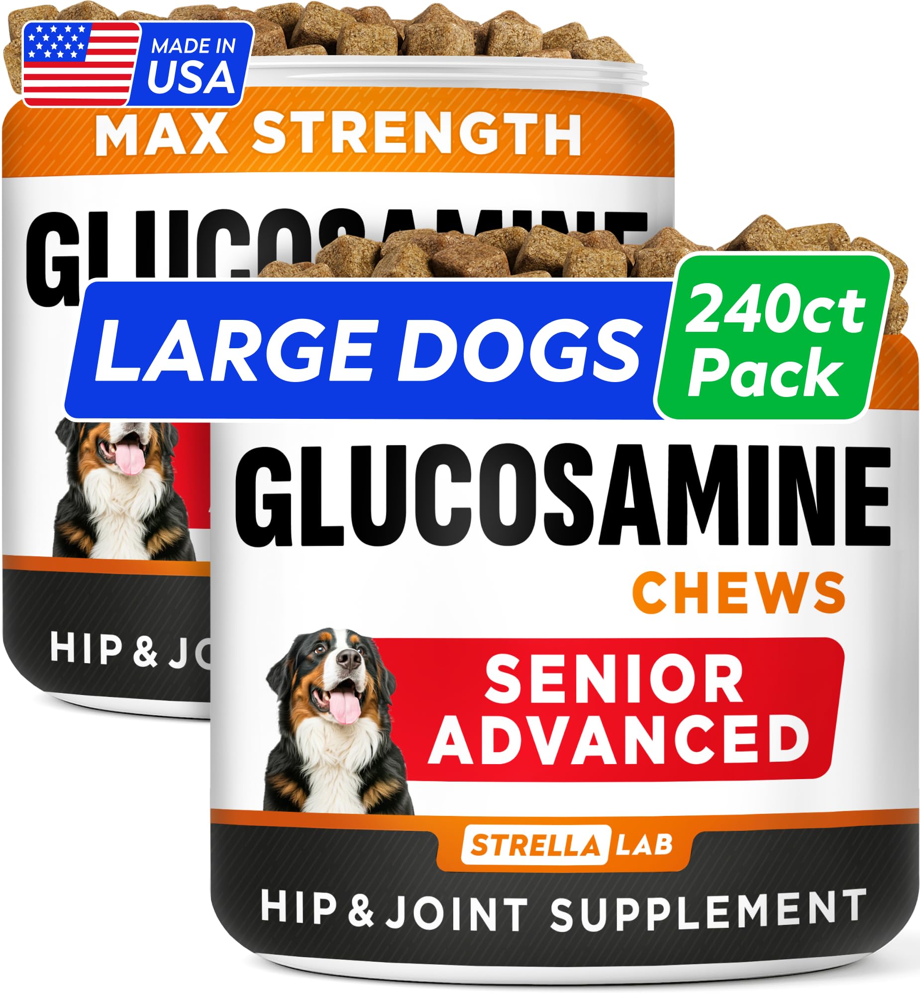 Senior Advanced Glucosamine Joint Supplement for Dogs - Hip & Joint Pain Relief - Small + Large Breeds -Omega-3 Fish Oil - Chondroitin, MSM- Mobility Soft Chews for Older Dogs - Bacon Flavor - 240Ct