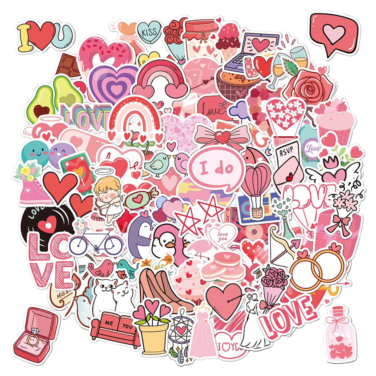 100 PCS Heart-Shaped Pink Cute Stickers - Love You Scrapbooking Waterproof Stickers for Girls' Fashion, Luggage, and Laptop