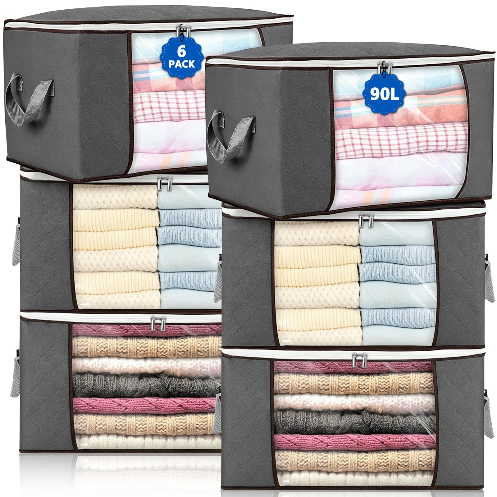 MZJAUVF Pack of 6 90L Storage Bags, Storage Boxes with Lid, Wardrobe Organiser, Foldable, Clothes Storage, Moving Boxes, Large Storage Boxes for Clothes, Duvets, Bedding