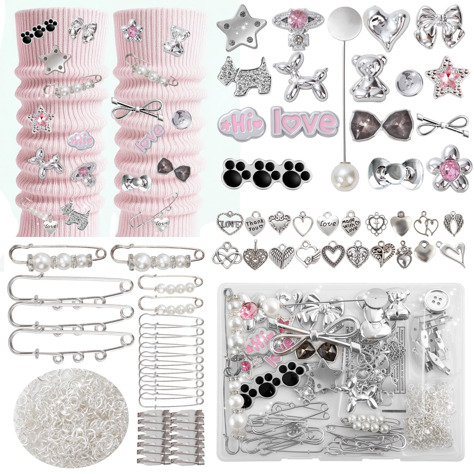 Noledome Junk Socks Charms Kit Silver - DIY Jewelry Accessories for Women - Creative Decorative Set for Socks, Hats, Bags, Stylish Safety Clips,