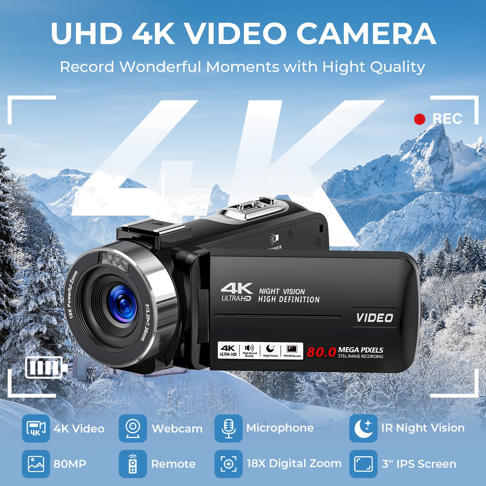 Videocamera 4K Ultra 80MP Videocamera 18X Zoom Digitale 3.0 IPS Video Recorder Videoregistratore per YouTube IR Night Vision Camera con 32GB SD Card, 2 Batterie, Telecomando e Microfono