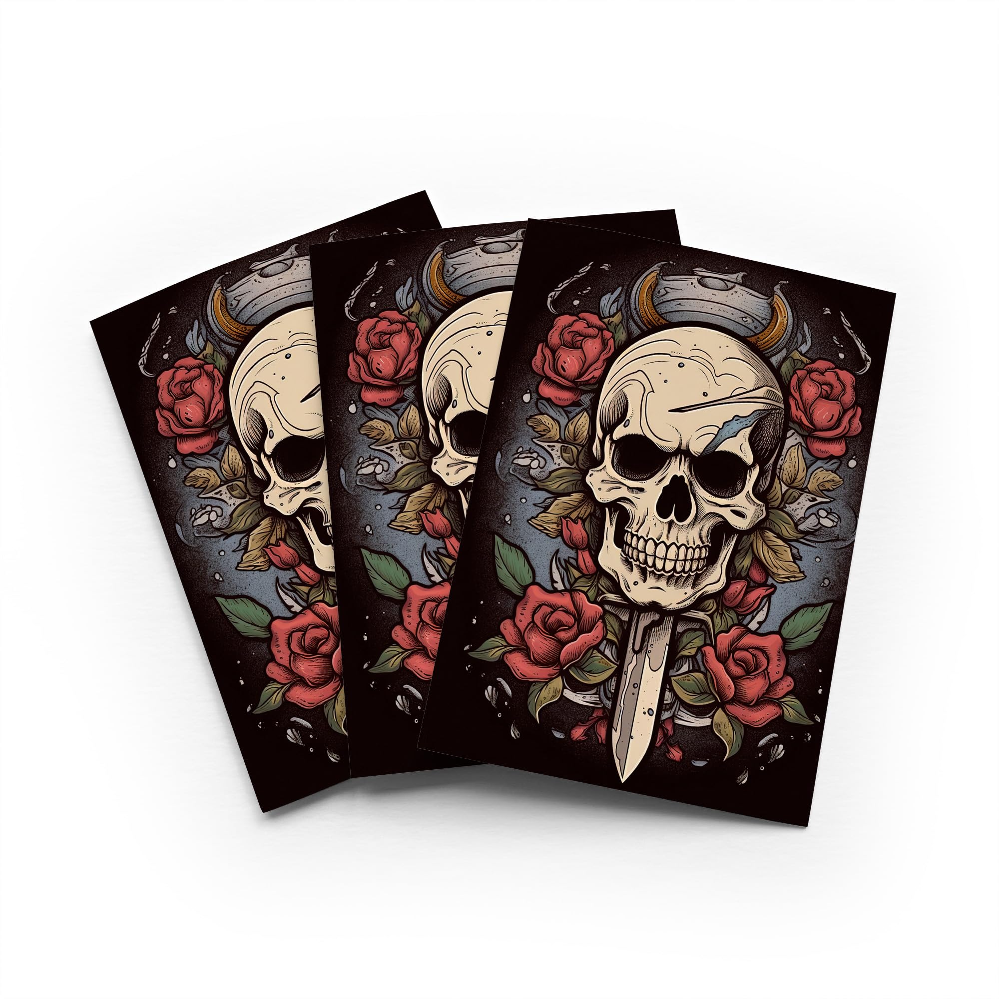 Skull Dagger Roses Greeting Card Tattoo Gothic Any Occasion Set of 3 Blank Inside 5x7 Inch 13x18 cm