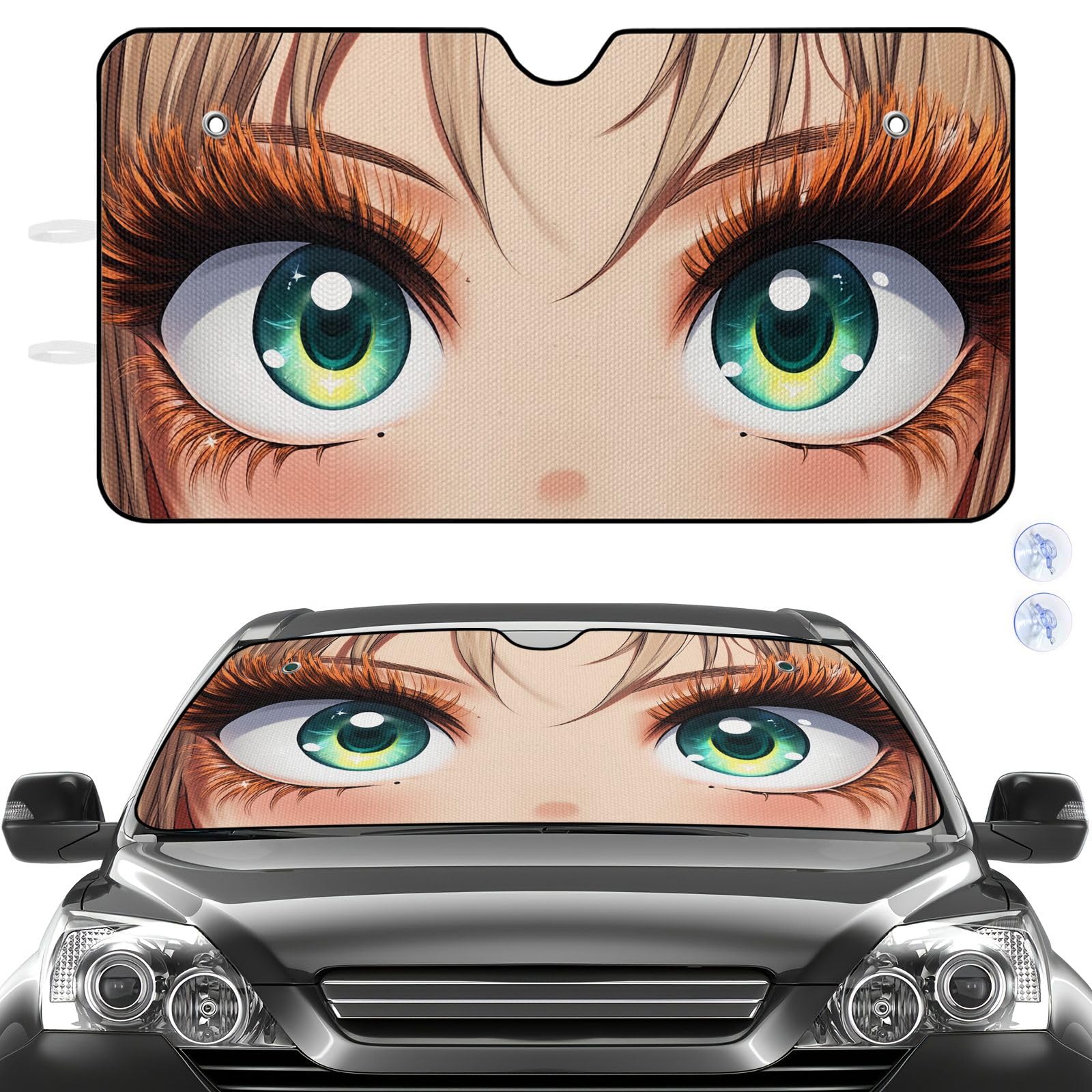 Car Windshield Sun Shade Anime Girl Eyes Design Green Eyes Brown Hair, Vehicle Interior UV Shield Heat Protection, Fashion Anime Themed Car Accessory for Auto Decoration