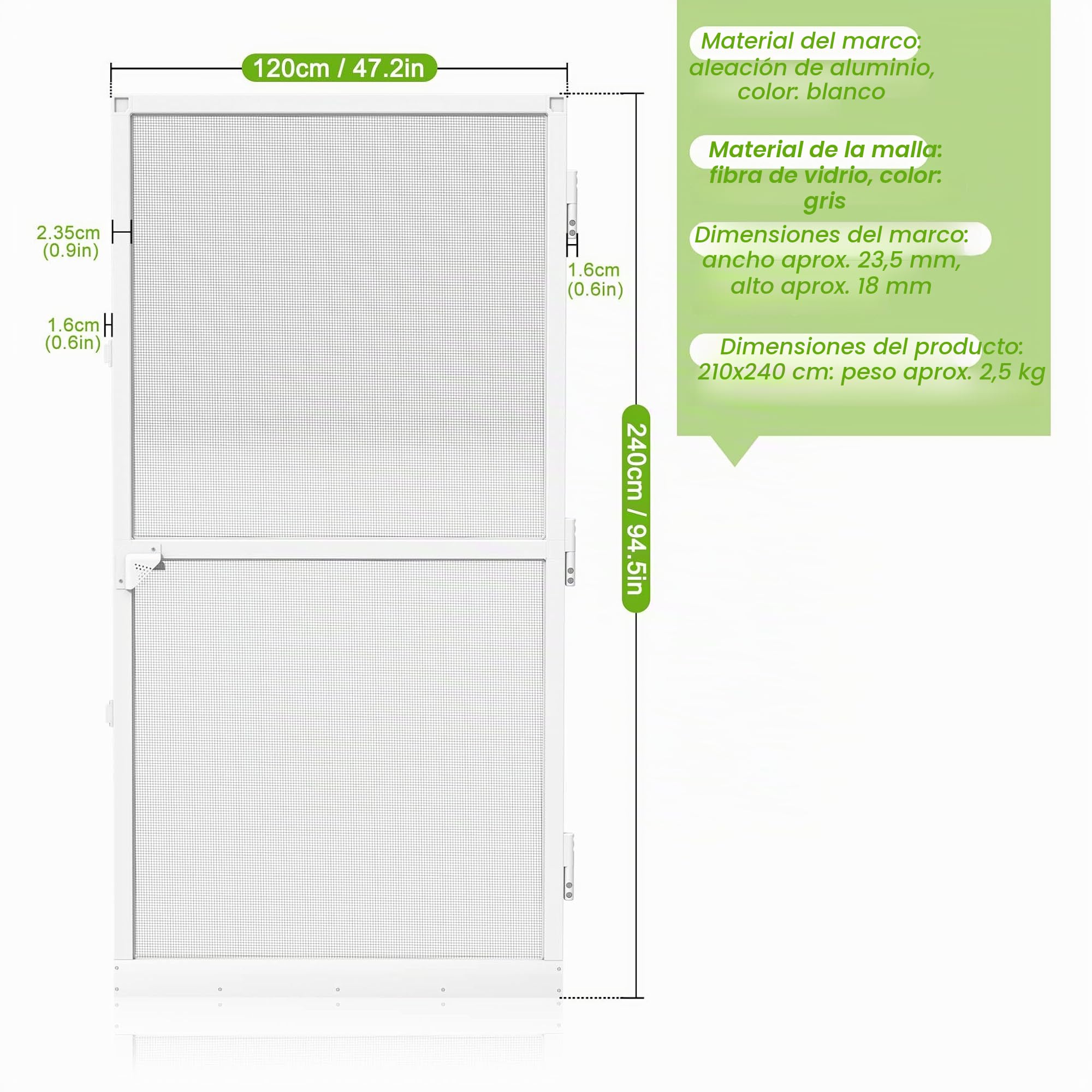 Aufun Puerta mosquitera para puerta de hasta 120 x 240 cm, Mosquitera Fija Puertas Abatibles con marco de aluminio en blanco