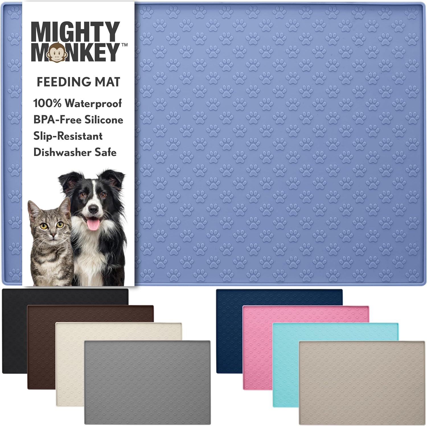 MIGHTY MONKEY 100% Waterproof Dog Food Mat, Raised Edges Silicone Pet Feeding Placemat for Cat, Dogs, Pet Bowls, High Lipped Tray Prevents Water Spills, Food on Floor, Dishwasher Safe, 24x16, Lt Blue 24x16 Inch (Pack of 1) Light Blue
