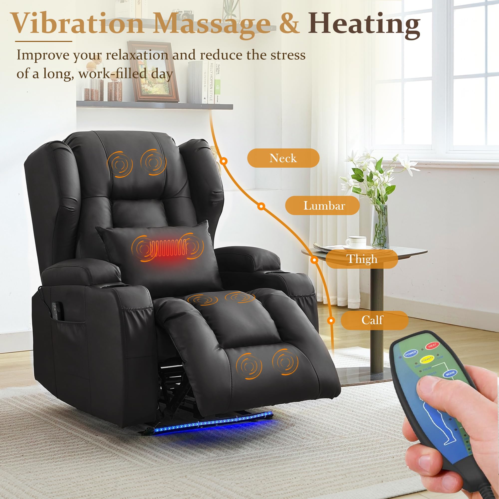 Elektrischer Relaxsessel mit Liegefunktion, TV Sessel mit Heizung & Vibrierende Massage, Lederimitat Heimkinositze mit LED Streifen für Wohnzimmer, USB-Anschl¨¹sse, bis 150 kg (Schwarz)