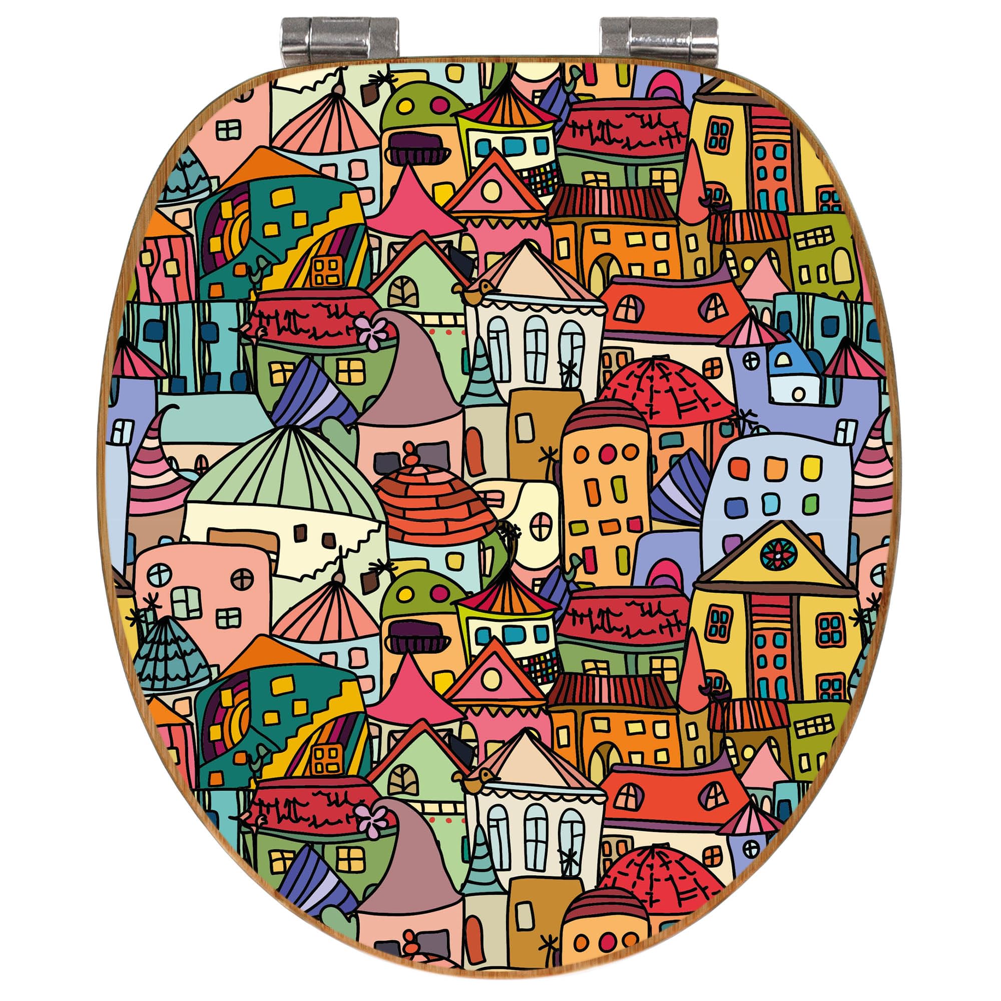 banjado Design WC Sitz Bambus Absenkautomatik 45,8x37,5cm - Toilettendeckel mit Absenkautomatik Holz - hochwertiger Bambus Klodeckel - WC-Sitz für gängigen Toiletten - Motiv Funky Town