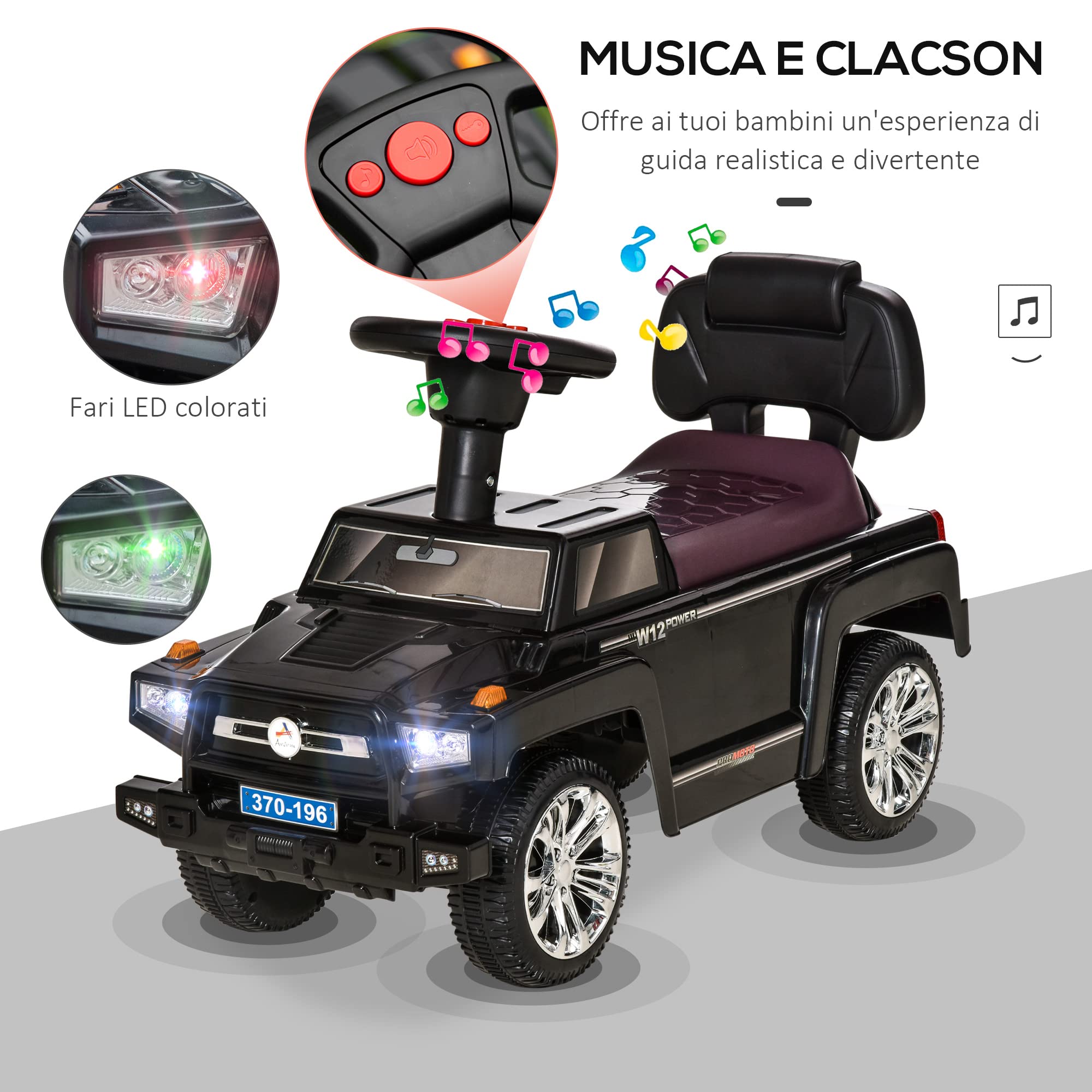 HOMCOM Macchina Giocattolo Cavalcabile Fuoristrada per Bambini, Macchina Bambini con Fari e Musiche, Età 18-36 Mesi, 68x30.5x41.5cm, Nero