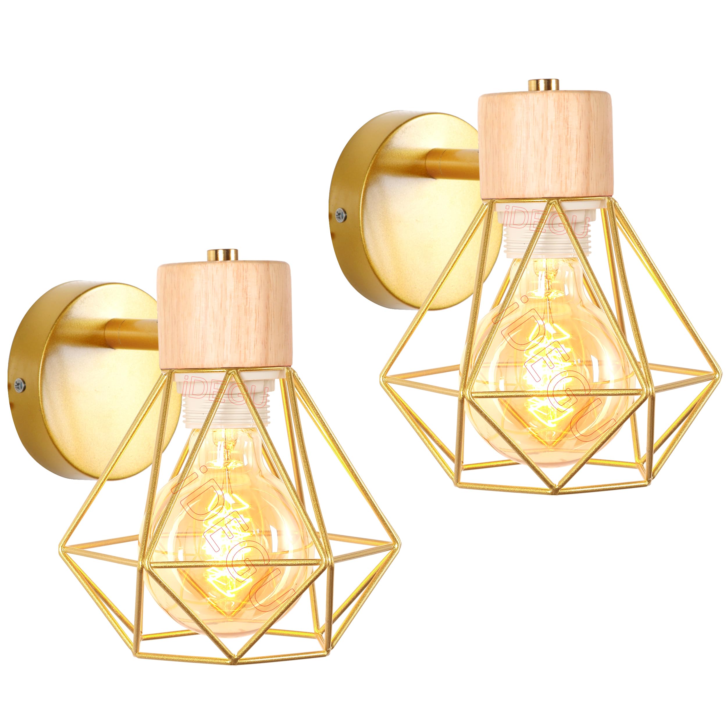 iDEGU 2 Piezas Lámpara de Pared Vintage 16CM Aplique Pared Interior de Madera Metal Industrial Diseño Jaula Luz de Pared Ajustable Retro Iluminación E27 para Dormitorio Pasillo Cocina (Tipo-B Dorado)