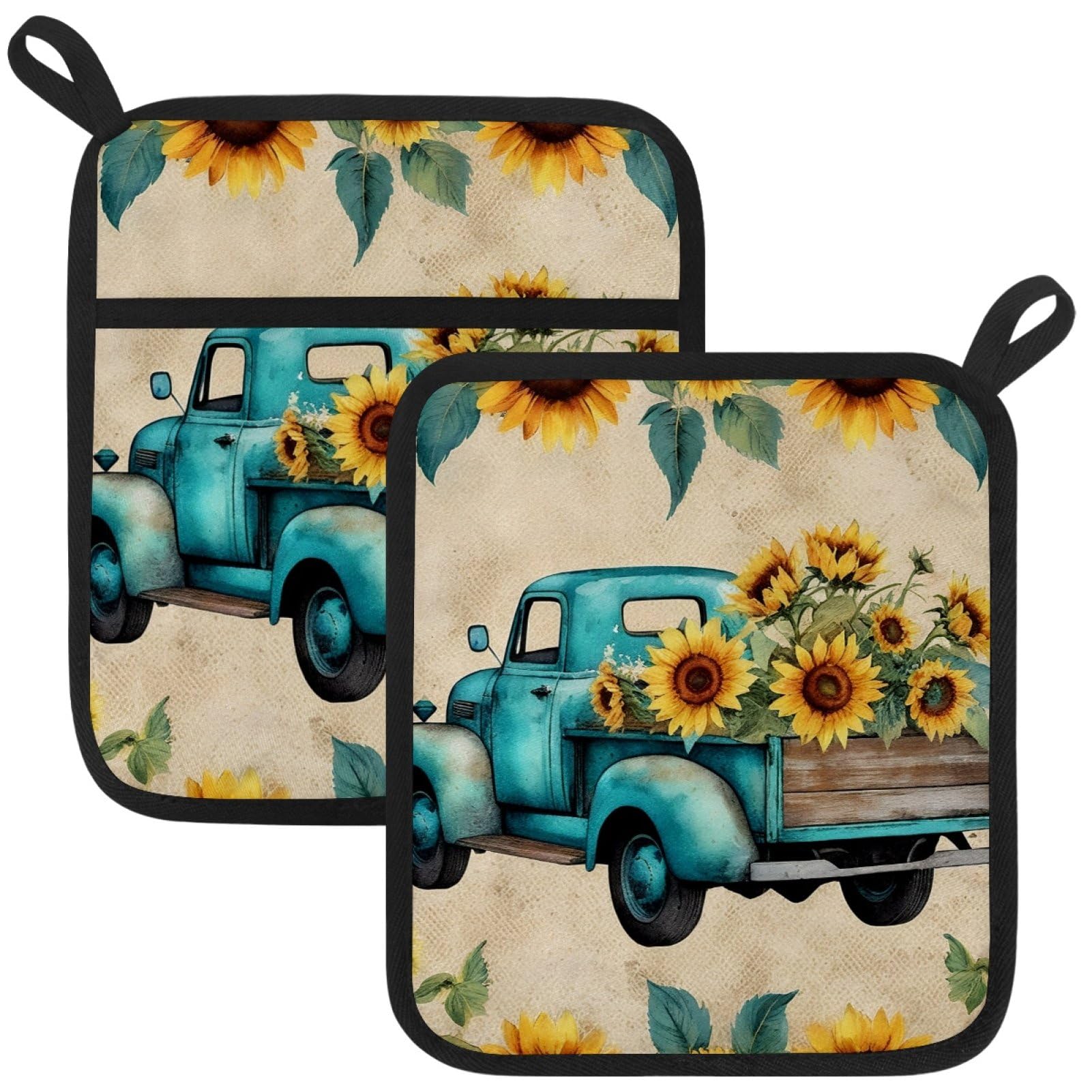 VAPOKF Sunflowers Truck Kitchen Hot Pot Holder, Pot Holders Heat Resistant Pot Holder with Pocket Heat Resistant Trivets for Hot Pans Cotton Pot Mitts for Kitchen Cooking Baking