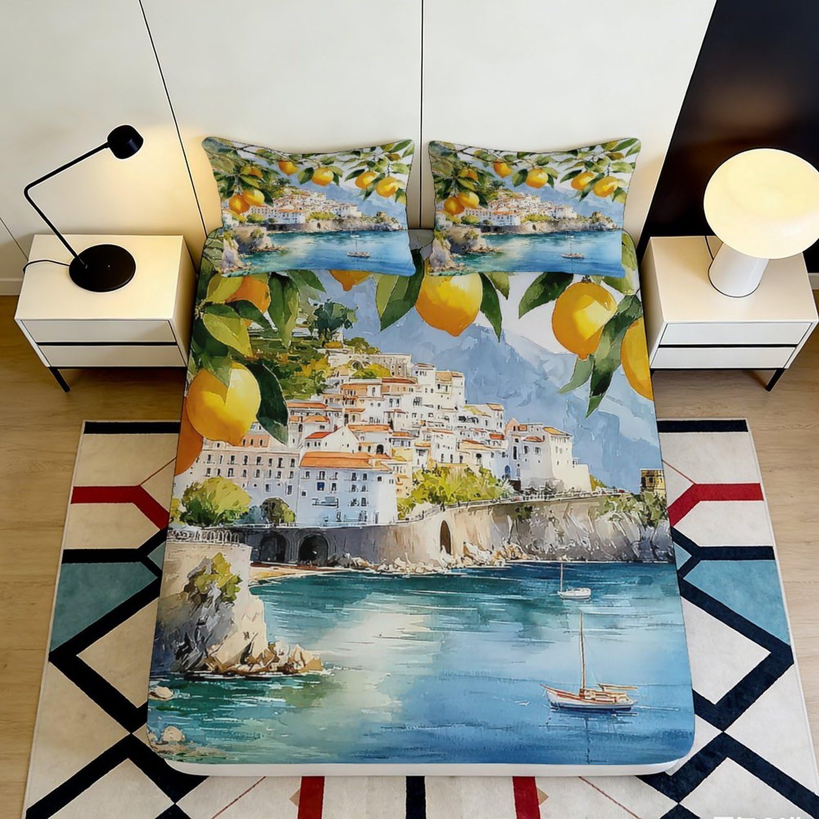 3D Printed Amalfi Coast Lemon Fitted Sheet Microfiber Soft Breathable Mediterranean Bed Cover for Bedroom Decor 90x200x25cm
