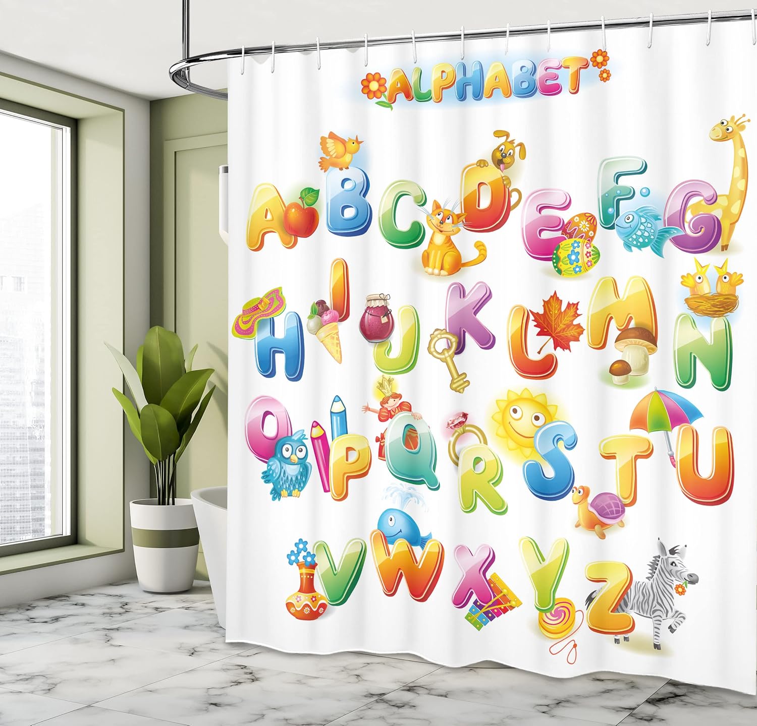 Ambesonne Science Shower Curtain, Cheerful Cartoon Fun Alphabet Design Font Design, Cloth Fabric Bathroom Decor Set with Hooks, 69" W x 75" L, Orange Multicolor