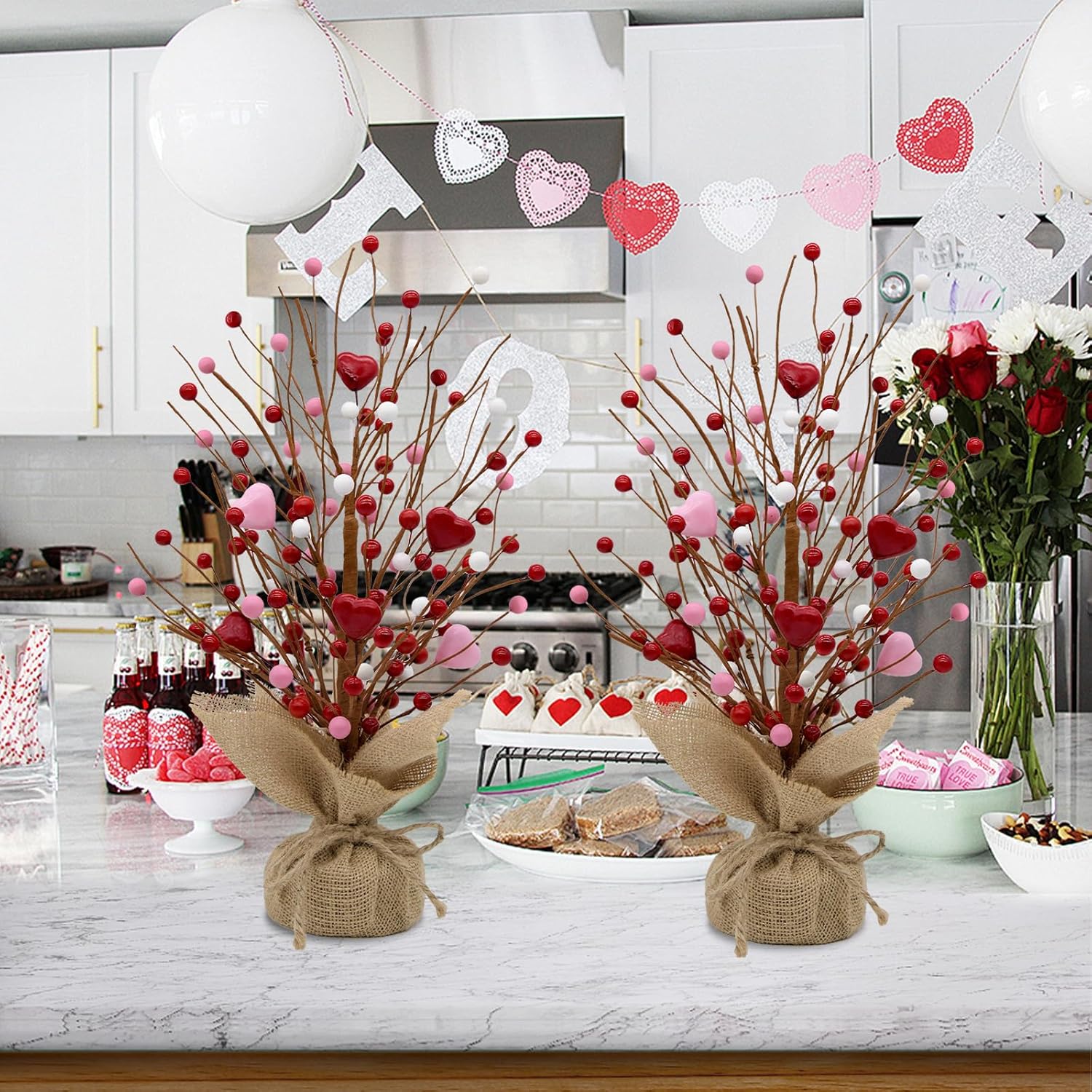Valentine's Day Artificial Heart Berry Tree Decor - 2 Pack 17Inch Red & Pink Valentine Tree Table Centerpieces for Valentines Day Decorations Indoor