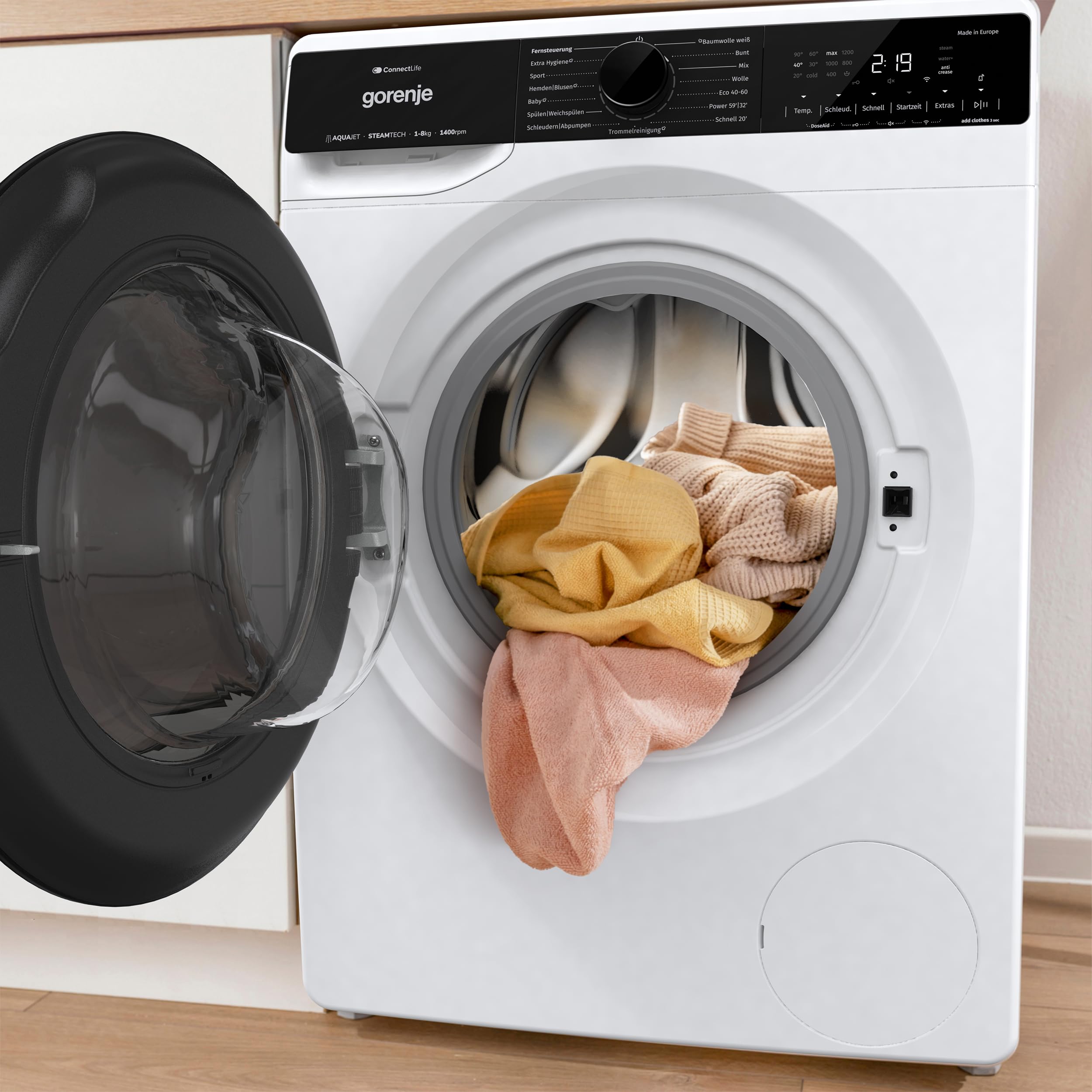 Gorenje WPNA 84 SATSWIFI Waschmaschine mit Dampffunktion / 8 kg / 1400 U/Slim Line/ConnectLife WiFi/Total AuaStop/Inverter PowerDrive Motor/Edelstahltrommel/Kindersicherung/EEK A