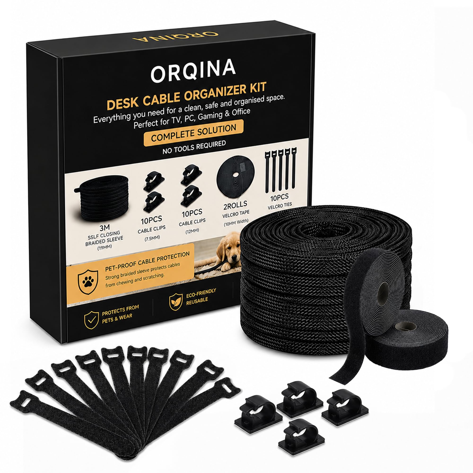 33-Piece Desk Cable Management Kit – Cable Organiser with 3m x 19mm Braided Cable Sleeve, 20 Cable Clips, 10 Reusable Cable Ties, 2 Rolls Hook and Loop Straps for PC, TV, Gaming & Home Office.