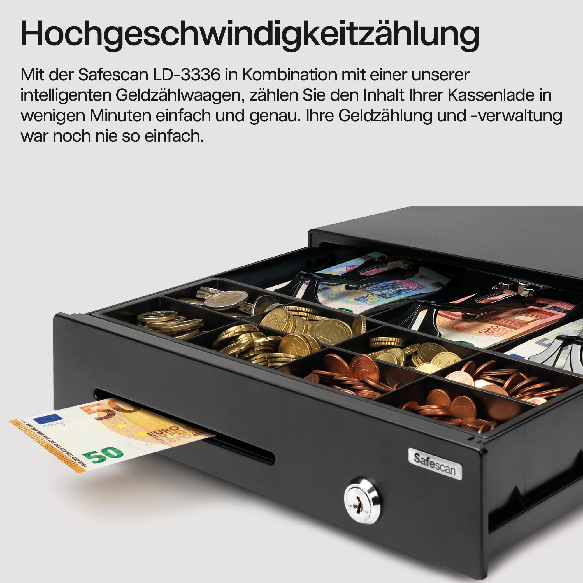 Safescan LD-3336 Light-Duty Kassenschublade mit 3 Fächern für Banknoten und 8 für Münzen - Kassenlade mit RJ-12 Anschluss (z.B. Registrierkasse) - Kompakte Kassenschublade von 33 x 36 x 10 cm