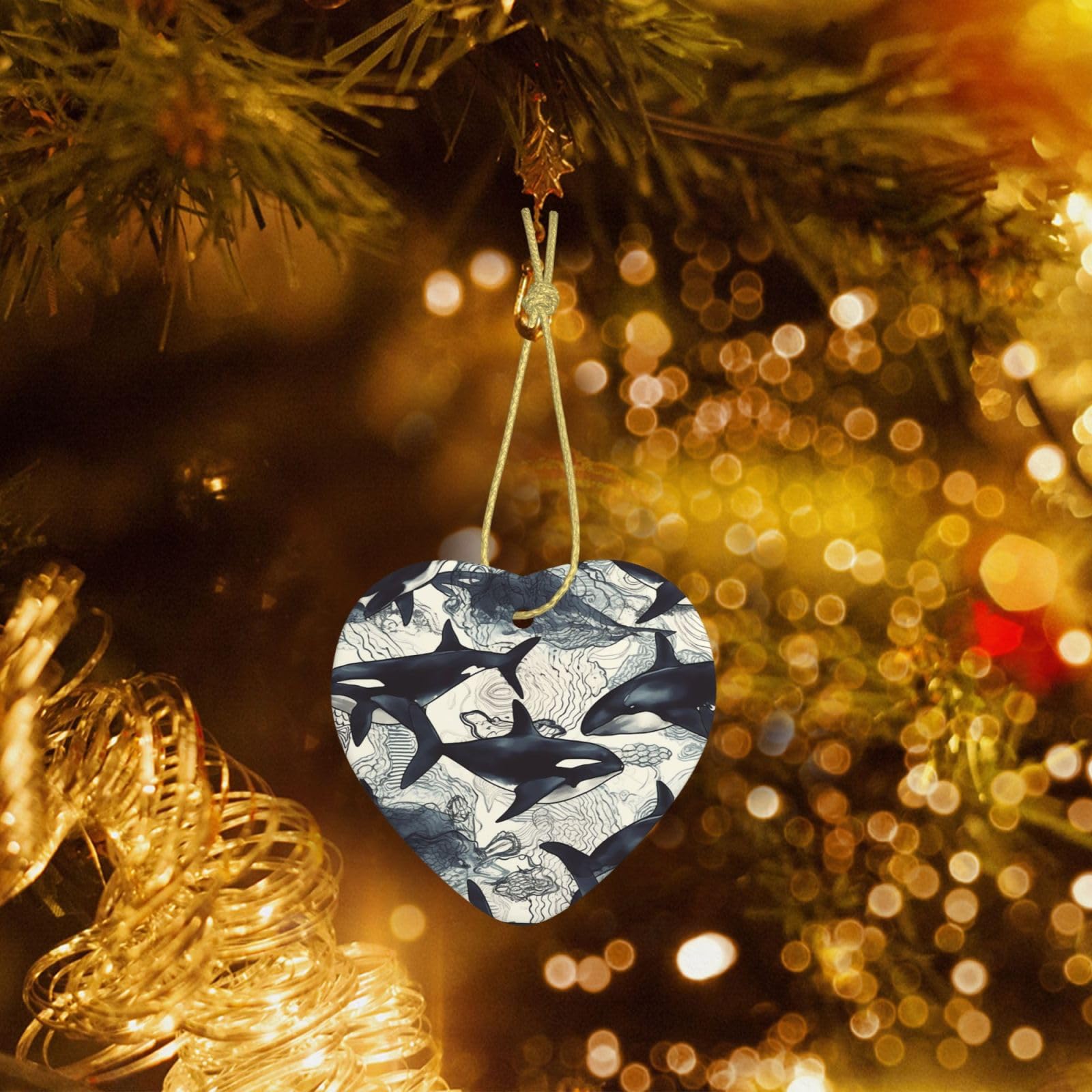 Christmas Heart Shaped Ornaments 1 Pcs, Double-Side Ceramic Xmas Tree Hanging Ornament with Gold String Killer Whale Personalized Porcelain 2025 Christmas Pendent for New Year Holiday Decoration