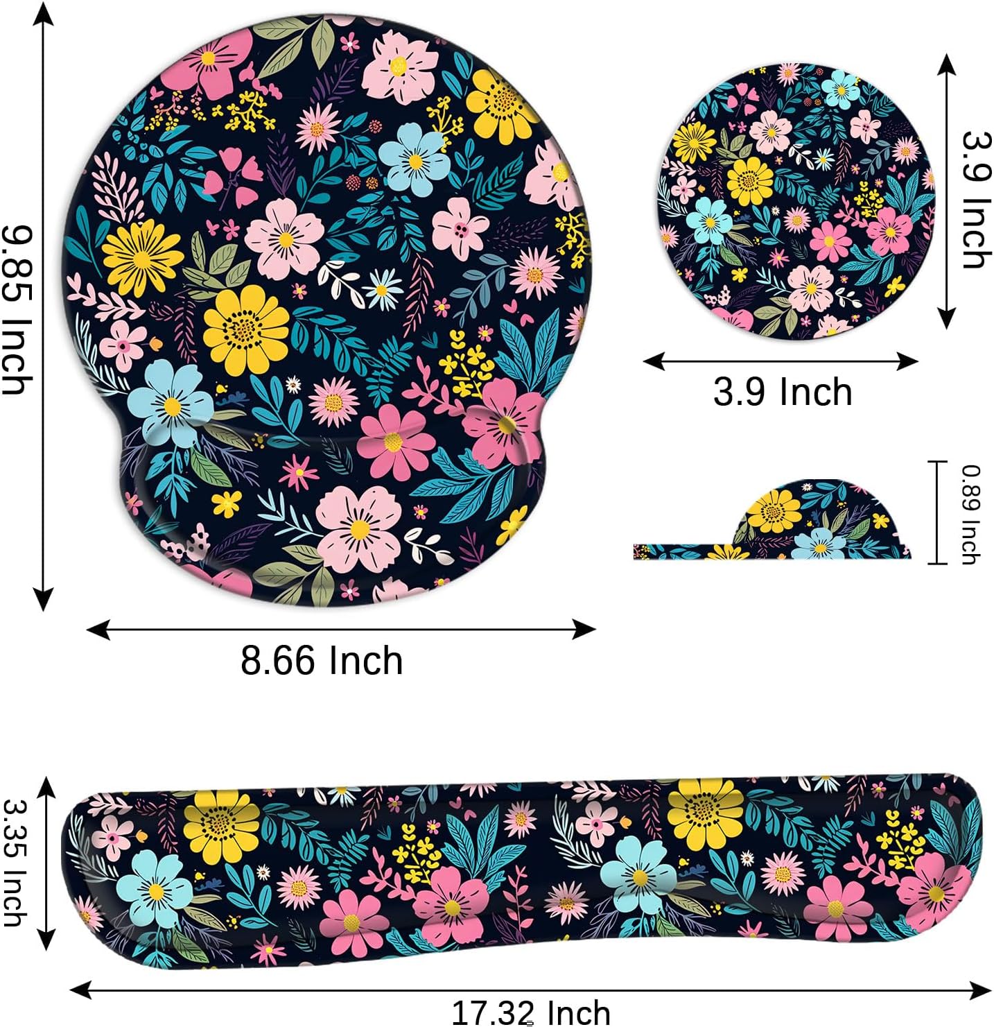 Mouse Pad Wrist Support and Keyboard Wrist Rest with Coaster,Non-Slip Rubber Base Ergonomic Gaming Mousepad for Home Office Working Studying Easy Typing & Pain Relief,Colorful Blooming Floral Flower